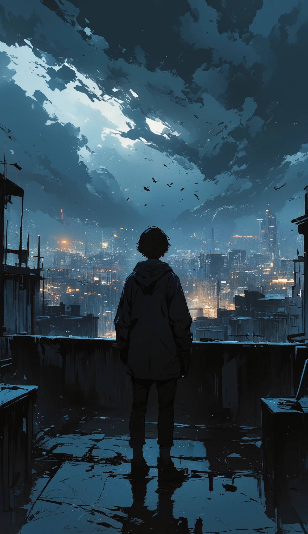 The image depicts a person standing on a balcony, facing a dramatic and dark sky filled with heavy clouds and rain. The person is silhouetted against the backdrop, creating a striking contrast between the dark figure and the illuminated cityscape in the distance. The ground is wet, reflecting the light from the city, and there are several birds flying in the sky, adding a sense of movement and life to the scene. The balcony railing is visible, and there are some objects on the left side, possibly a chair or a table. The overall atmosphere is moody and contemplative, with a focus on the interplay between the person, the sky, and the city lights.