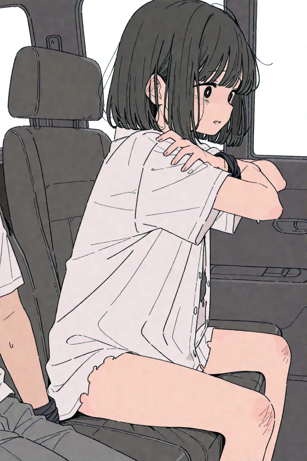 One person, alone, Sitting in a car, despair, Hold the crotch, Jeans Shorts, T-Shirts, Worried, (tears:0.7)