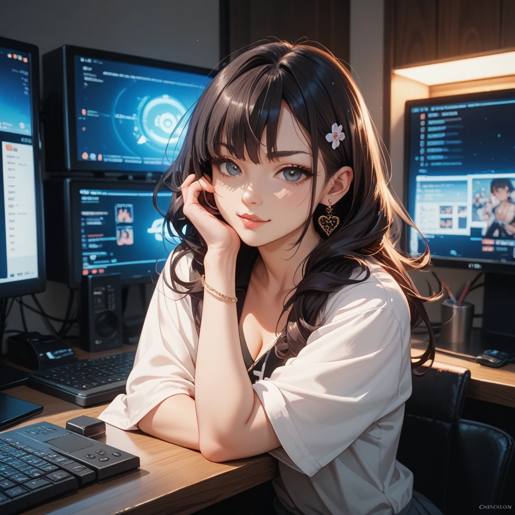 apanese,beautiful browneyes, beautiful lips,(furrowed brow) , longeyelashes,((slender)),((curly hair )),looking away,displeased, office lady, professional business attire, office setting, desk, computer,, (highres,masterpiece:1),detailed,(realistic,photorealistic,photo-realistic:1),HDR,UHD,studio lighting,ultra-fine painting,sharp focus,physically-based rendering,extreme detail description,professional,vivid colors,bokeh,intricate details,highly realistic,photorealistic portrait