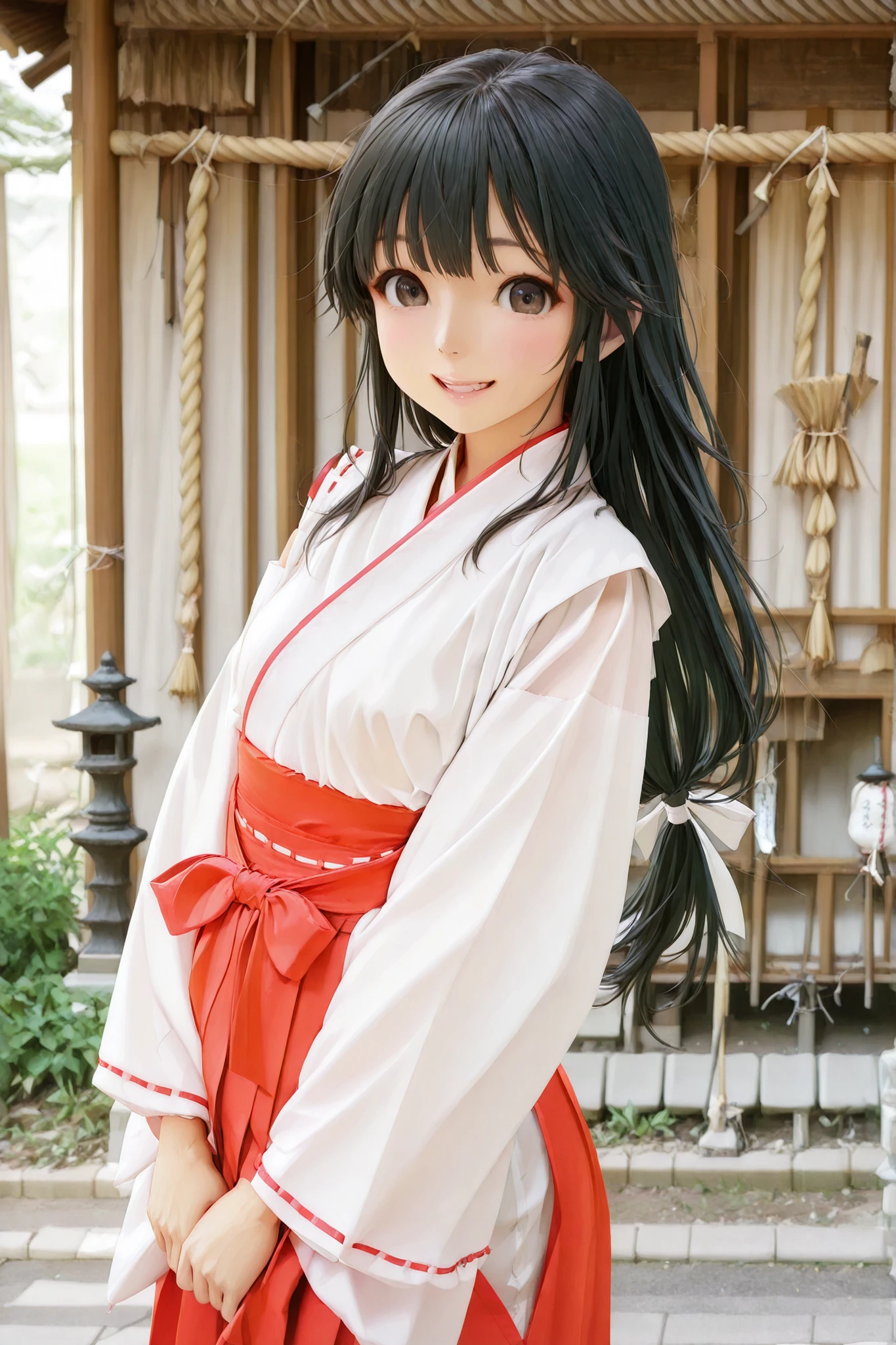 miko outfit,A woman dressed as a shrine maiden long black hair make your whole body visible Smiling at me