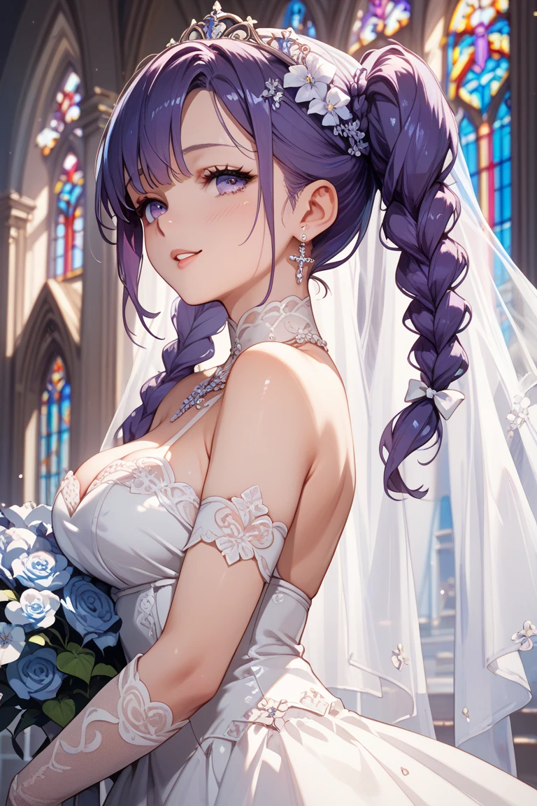 (Light blue medium hair),(Braided hair tied together)、Pink eyes、Fair skin、(whole body),bride,Big smile,Straight bangs,A dignified figure、 6月のbride,Wedding dress,(masterpiece, Highest quality, Very detailed, Best Shadow), (Detailed Background), (Beautifully detailed face), High Contrast, (Best lighting, Very delicate and beautiful), ((Cinematic Light)), colorful, Hyper Detail, Dramatic Light, Intricate details,Chapel background,Bouquet of roses,Ring on left ring finger,