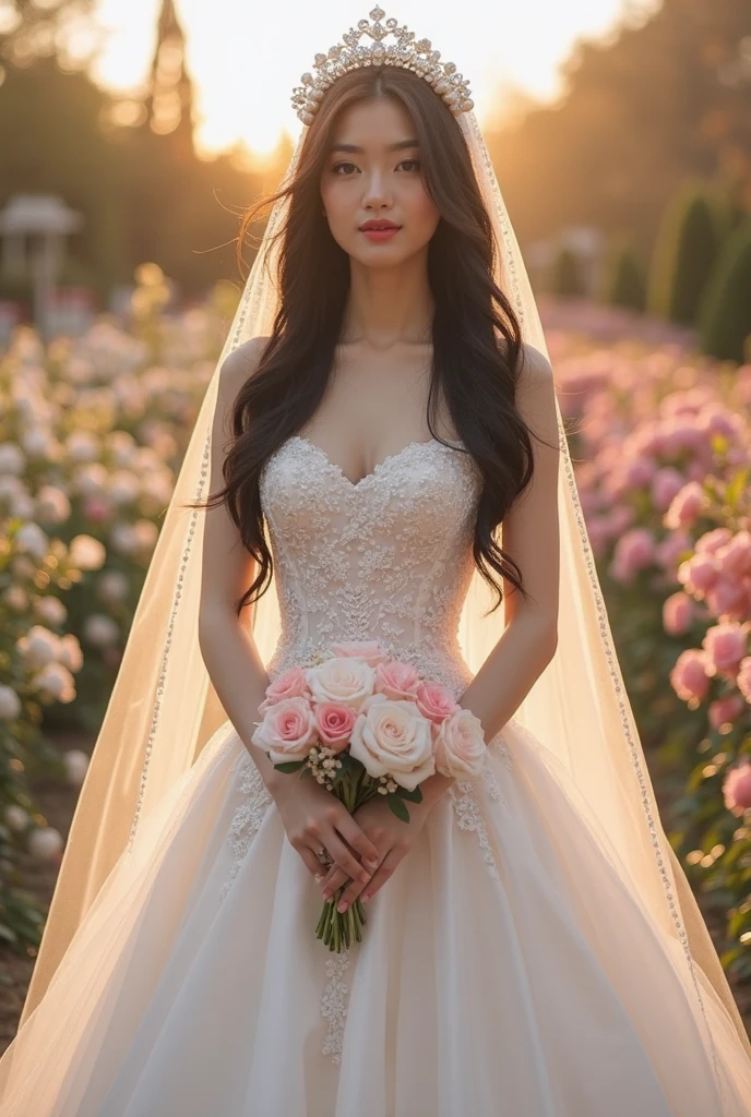 (best quality, masterpiece:1.2), (realistic:1.3), (ultra-detailed background, detailed background), bokeh, (medium breasts:1.2), sexy cleavage, frilled dress, lace-trimmed see-through dress, bridal tiaras, gorgeous off-white wedding dress, luxury wedding dress, classic wedding dress, bridal veil, bridal gauntlets, bridal cascading bouquet, upper body, wedding at church, from above, the skirt spreads round and wide, 1girl, cute, teenage, posing, smiling, dynamic angle, dynamic pose, very long hair,
