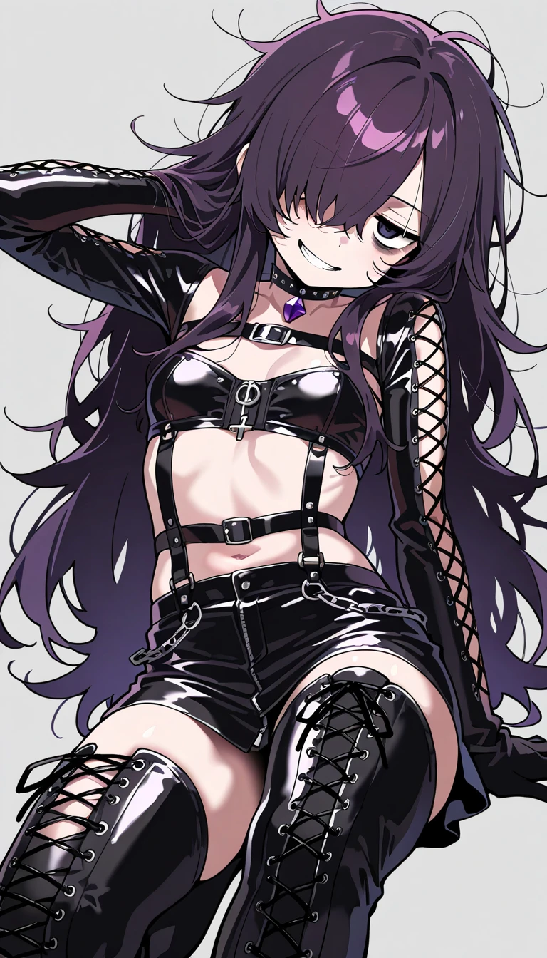 masterpiece, best quality,1girl, sharp teeth, teeth, solo, smile, horns, long hair, thighhighs, shorts, white background, simple background, antenna hair, grin, v, purple hair, ahoge, cuffs, purple eyes, looking at viewer, black thighhighs, flat chest, collar, short shorts, navel, chain, standing, full body, very long hair, boots, v over eye, black shorts, bangs, from above, parted bangs, bare shoulders, blush, broken chain, thigh boots, demon girl, front-tie top, black footwear, bandeau, strapless, demon horns, shackles, fingernails, pink hair, breasts, hand up, metal collar, small breasts, pink eyes, collarbone, detached collar, wrist cuffs, bikini, v-shaped eyebrows, micro shorts, swimsuit, foreshortening, front-tie bikini top, slit pupils, underwear, no shoes, bracelet, black collar, red eyes, open mouth, w, revealing clothes