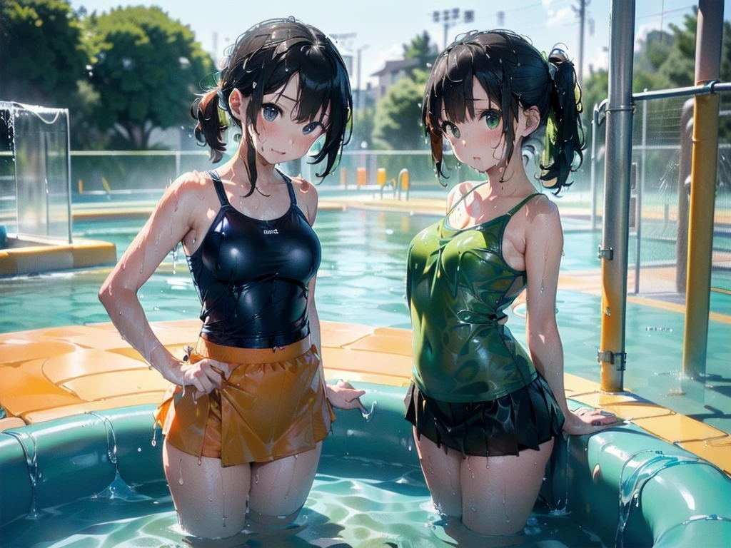 (masterpiece、highest quality、highest quality、official art、beautiful beautiful:1.2)、(1 girl:1.3)Hatsune Miku、twin tails,(masterpiece, highest quality, 8k wallpaper:1.2), super detailed, disorganized, High resolution, 1 girl, looking at the viewer,( hatsune friend:1.3), Happy, white , (smile:1.1), ロングtwin tails, green green hair, dancing, silky skin, beautiful eyes, focus on the eyes, long hair fluttering in the wind, beautiful smile line, big green eyes, shiny hair, (Wrapped in the flow of heavy floating notes:1.3), on the stage, (((Glossy and slippery smooth texture {green|black} one piece japanese school swimsuit:1.3))), from the side and behind, flat chest, realistic, realism, photorealistic, 緻密でbeautiful eyes, Fine and beautiful skin, beautiful and detailed clothes,