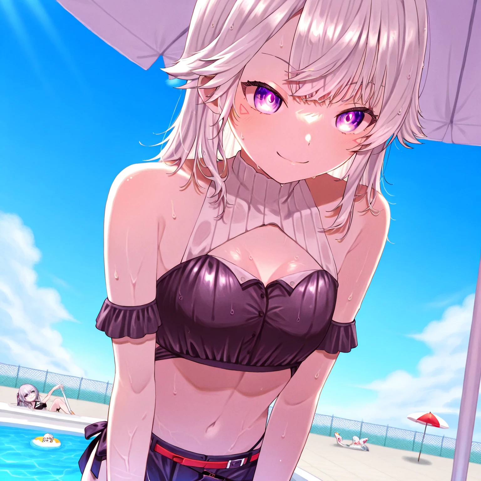 best quality, masterpiece, anime girl , young girl, 16 years old, thick legs , 1girl, bangs, blonde hair, green eyes, short hair, excited face, perfect body form, perfect shot, full body,  perfect anatomy, jeanne alter, fate grand order, small bikini, bikini, bracelet, bare legs, thong, 
