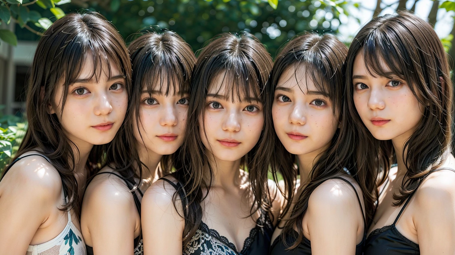 (highest quality、32K、masterpiece:1.3)、(Beautiful woman:1.2)、(3 girls:1.3)、(Full body photo:1.3)、Dark brown hair:1.3、ponytail、Highly detailed face、Lips Detail、Detailed Eyes、double eyelid、Saggy breasts、22 years old、Thong、Sea and beach、church、With skinny friends、Laughter、Happy smile、Bright photo、The chest is open、Bra straps