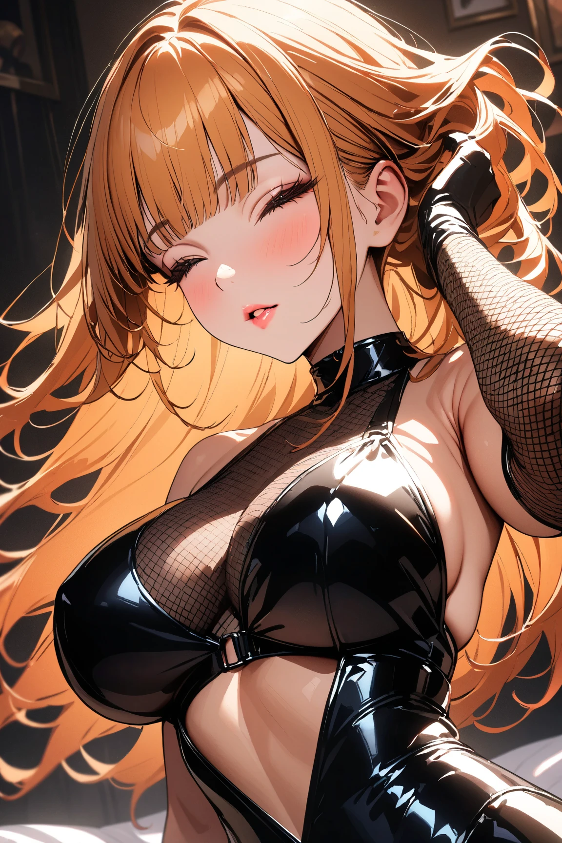 profile, perfect hands, (huge breasts:1.5), (from above:0.5), inner flesh, cowboy shot, night street, ((Temptation by hand)), (1hand in front of mouth), 
hs1, red eyes, yellow eyes, twintails, hair ribbon, closed eyes, Lightly open hands, , finger with shading, 5fingers, (palm:0.5), a choker, (full tight zipped black bodysuit:1.1), 
(blush:1.0), 
seductive smile, ((sticking tongue out:1.3)), (very very very very long tongue), ((open mouth widely)), (spoken hearts), (looking at viewer:1.4), FellatioGesture, tongue_out, FellatioGesture, open_mouth