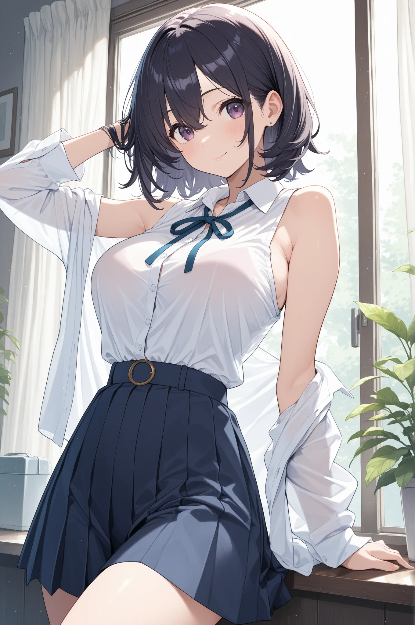 1 beautiful woman, Beautiful Office Lady, slender body, realistic, very detailed CG 統合 8k 壁紙, very detailed, High resolution raw color photos, professional photos, realistic portrait, cinematic light, beautiful details, (beautiful breasts:), (cleavage:1.2), (White shirt with wide open chest:1.5), (extremely short skirts:1.3), pantyhose, panties, squat, indoors, Sales Office, (最high quality:1.4), Super detailed, high quality, table top, (view from below:1.5)、slight smile、short hair、((White wet light underwear))、