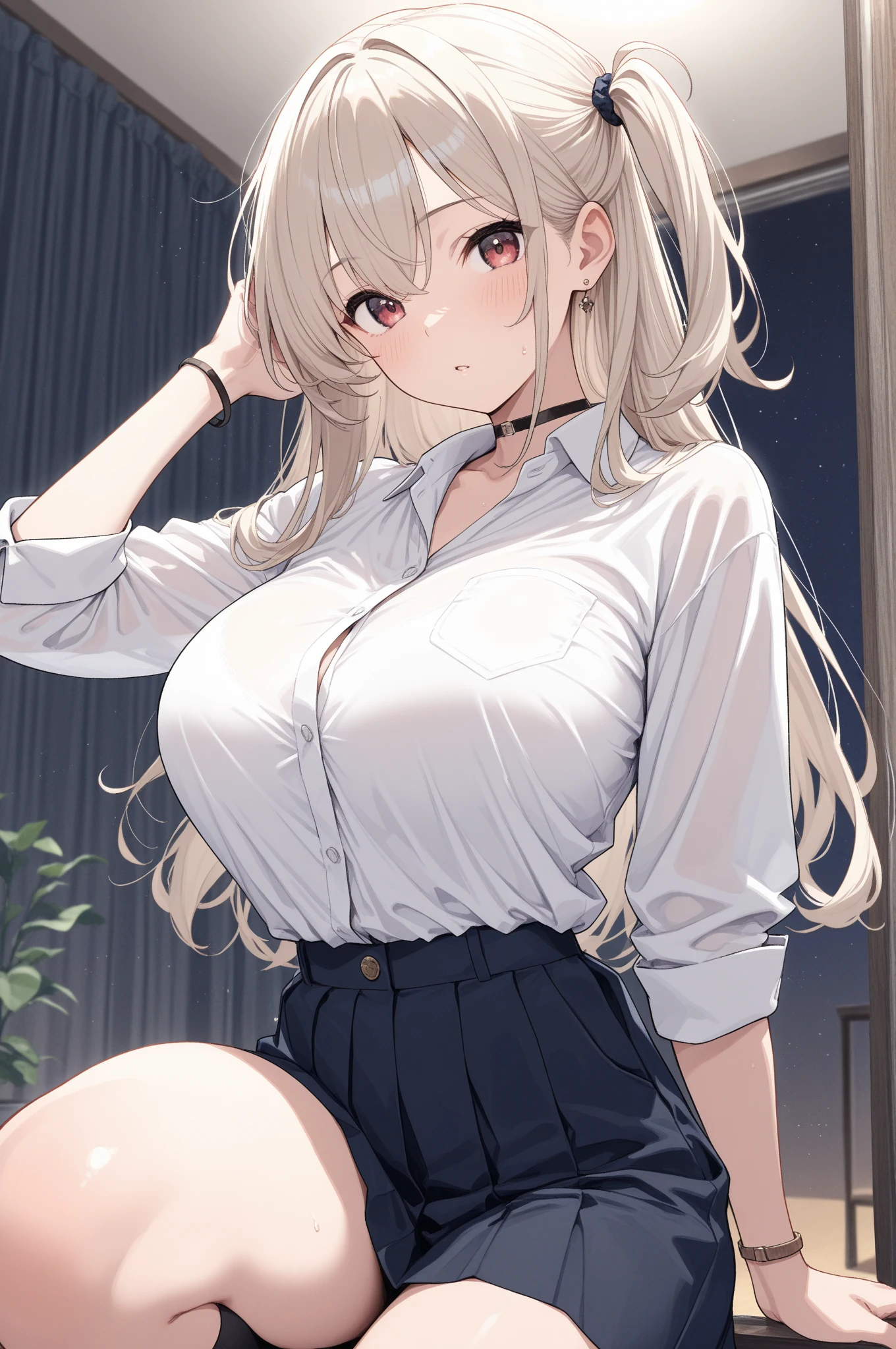 best quality, masterpiece, solo, 1 Female、(Slender figure)、Ample breasts、(Cleavage)、Lace Underwear、shirt、(Changing clothes:1.2)、Leaning forward、(White highlight in pupil:1.2)、White skin、(blush)、Wooden bedroom、(I blur the background a lot to make the woman stand out.:1.1)、cure