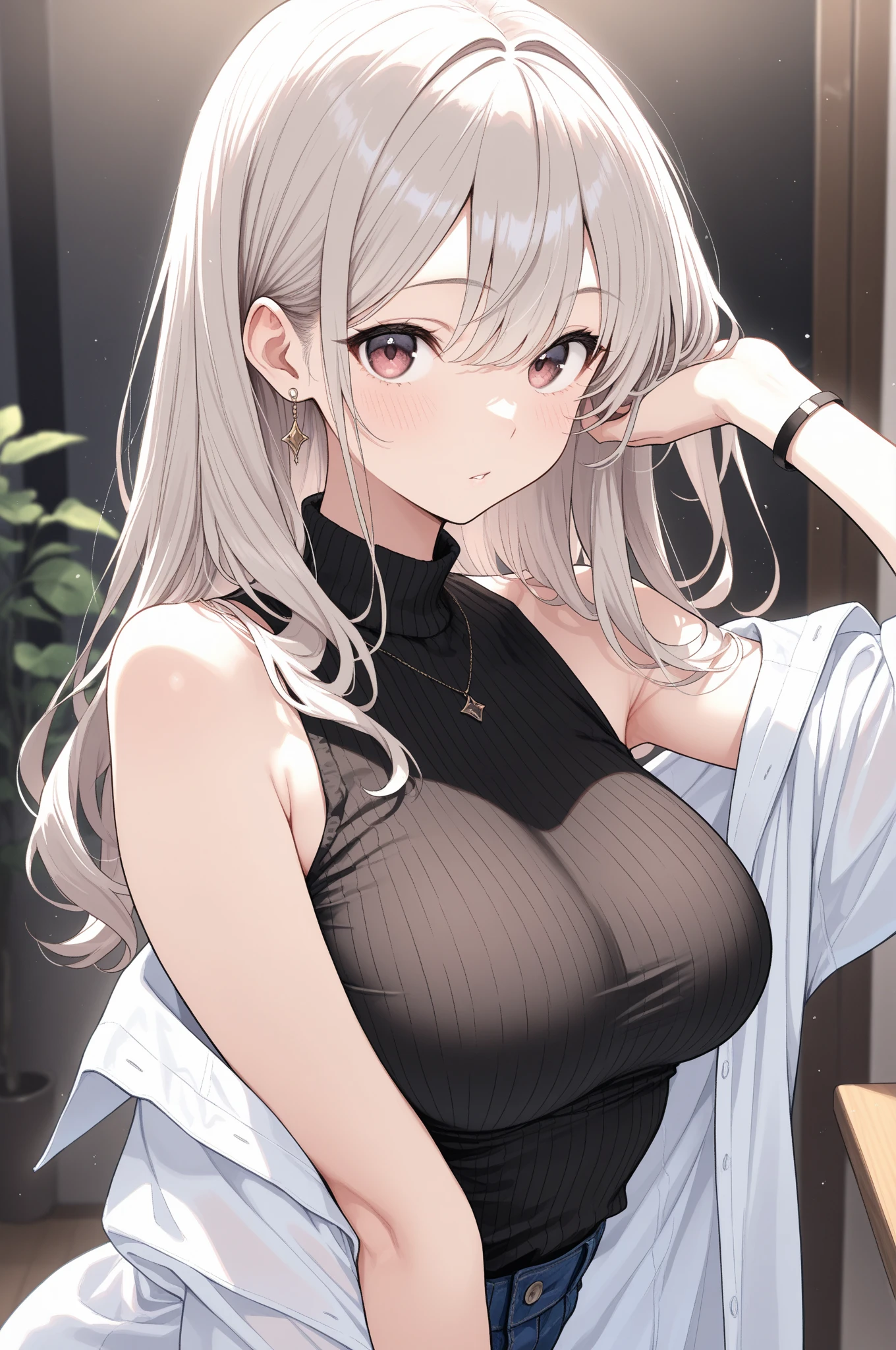 One girl, Alisa Mikhailovna Kujo,Tomorrow, my friend, Arya-san, will be visiting Russia.,alone, Long Hair, Eyebrows visible through hair, Hair between the eyes, Silver Hair, blue eyes, Medium chest, Dressing room、mirror、Revealing clothing、
View your viewers,
Highest quality, so beautiful,