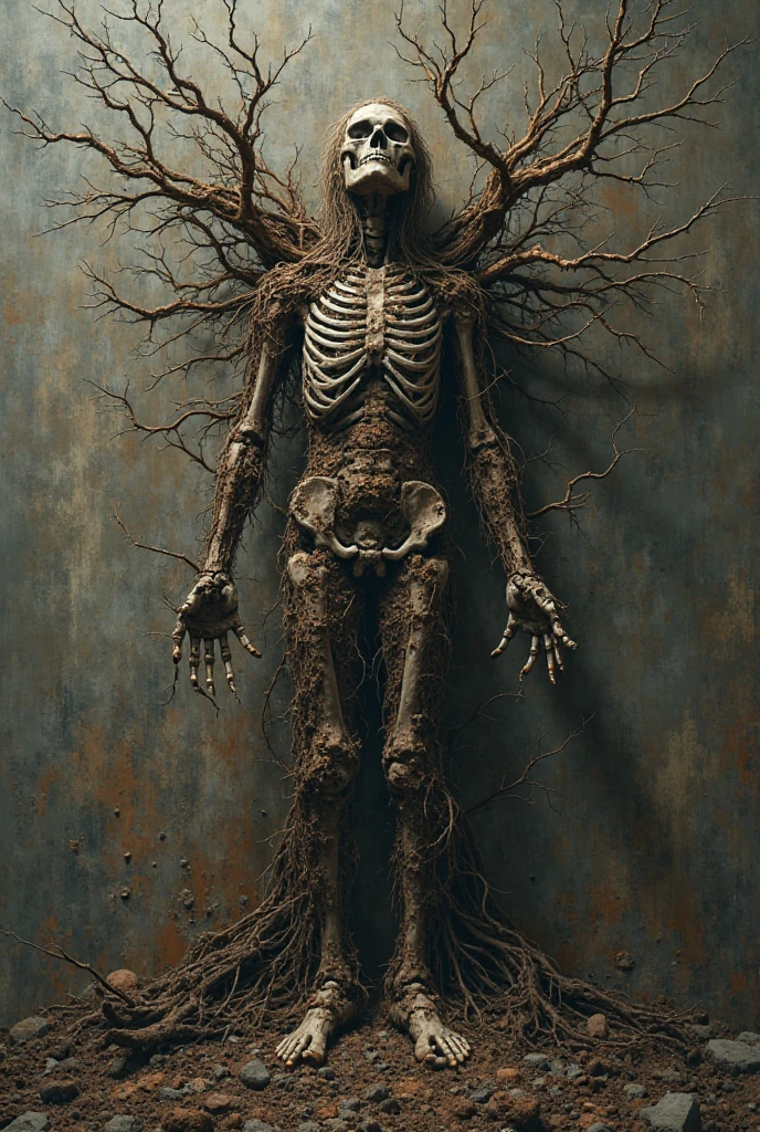 create a rooted human as if a tree were growing inside him, something similar to a half-burnt zombie