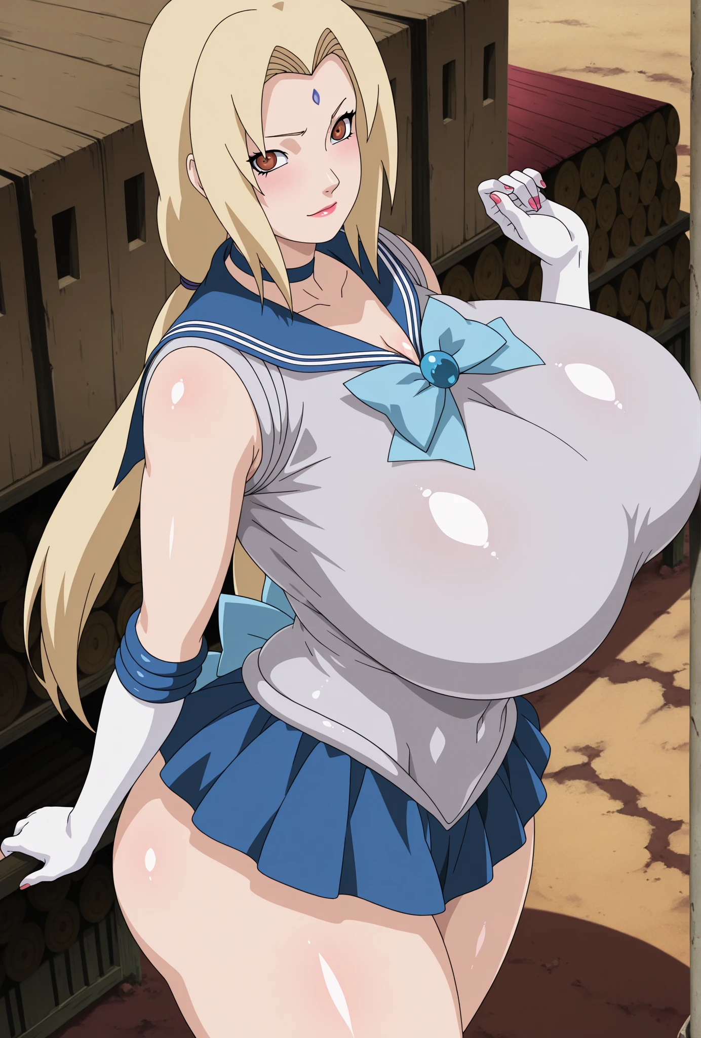 masterpiece, photoreal, high definition, slim waist, long legs, wet skin, huge ass, huge breasts, slim waist, long legs, best quality, absurdres, perfect anatomy, 1girl, solo, Sailormoon, (1990s \(style\), blonde hair, long twintails, smile, blue eyes, Mogudan_School_outfit, Seifuku, white thigh highs, legs spread, on bed, covered in cum, wet skin, cum drip, bukkake, breast milk, cum on face, cum on tits, lip biting