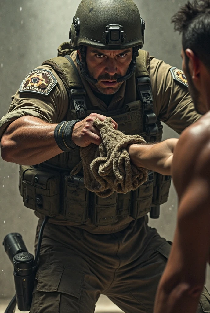 (Masterpiece), Best quality, expressive eyes, perfect face, thin, photorealistic, A young Latino man, shirtless, short hair, thin, , white tight camouflage pants, (black boots), (military boots), is being strangled, by another young man, by the neck, with a rope, in a military barracks.
