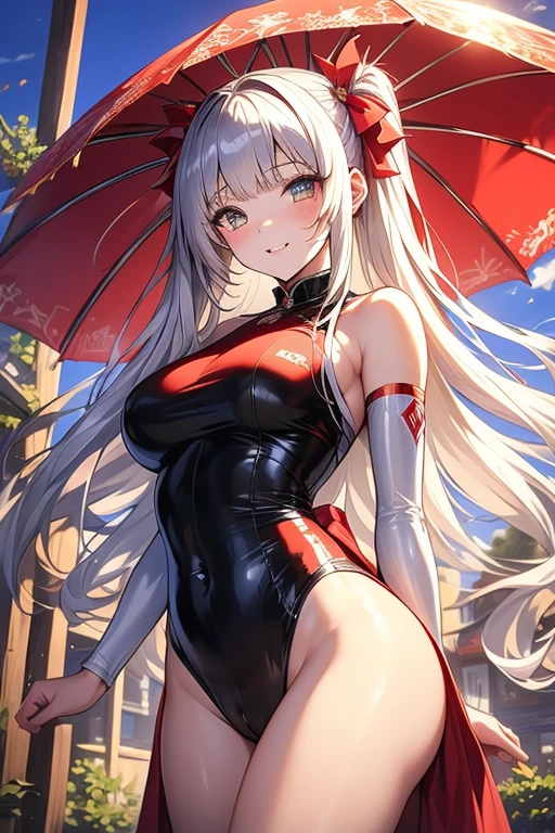 Beautiful illustrations、Highest quality、Cute girl、(Conversion Sequence)、Magic 、((leotard))、Little、white Magic girl、Fractal Art、albino、Baby Face、Long pure white red mesh hair,,,,,,,,,、Beautiful and detailed red eyes、Cinematic lighting、Cowboy Shot、Looking at the audience、From below、happiness、The background is cherry blossoms
