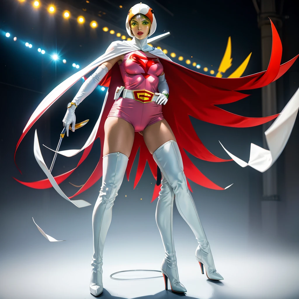 ANI_CLASSIC_jun_gatchaman_ownwaifu,1girl, 15yo,good anatomy, masterpiece, best quality,realistic, hyperrealistic, 16k hdr, long hair,breasts,green eyes,lips,large breasts,lipstick,makeup,gloves,cape,helmet,belt,elbow gloves,white gloves,mask,ultra miniskirt,leotard,spacesuit,white tight overknee highheels boots,pink dress,superhero,bodysuit,cleavage,erected nipples,(sexy pose,from below:1.2),(spread legs:1.1),cameltoe