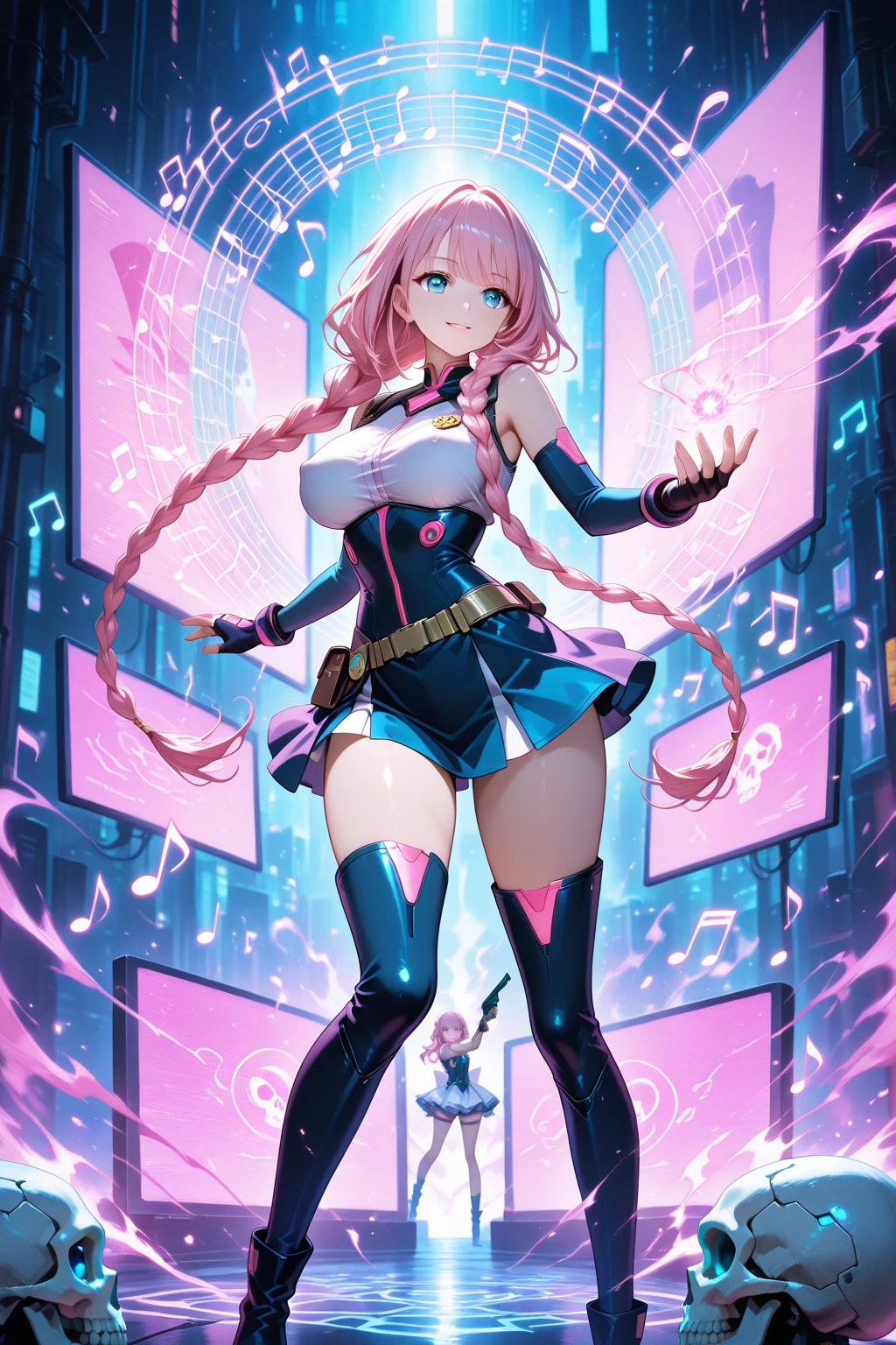 female, blue messy long hair, hazel eyes, dark skin, (((1girl))), (((blue and black minidress with pink trim))), (blue fingerless opera gloves), (black thigh high heeled boots), cute and sexy, full body, modest breasts, long legs, smirking