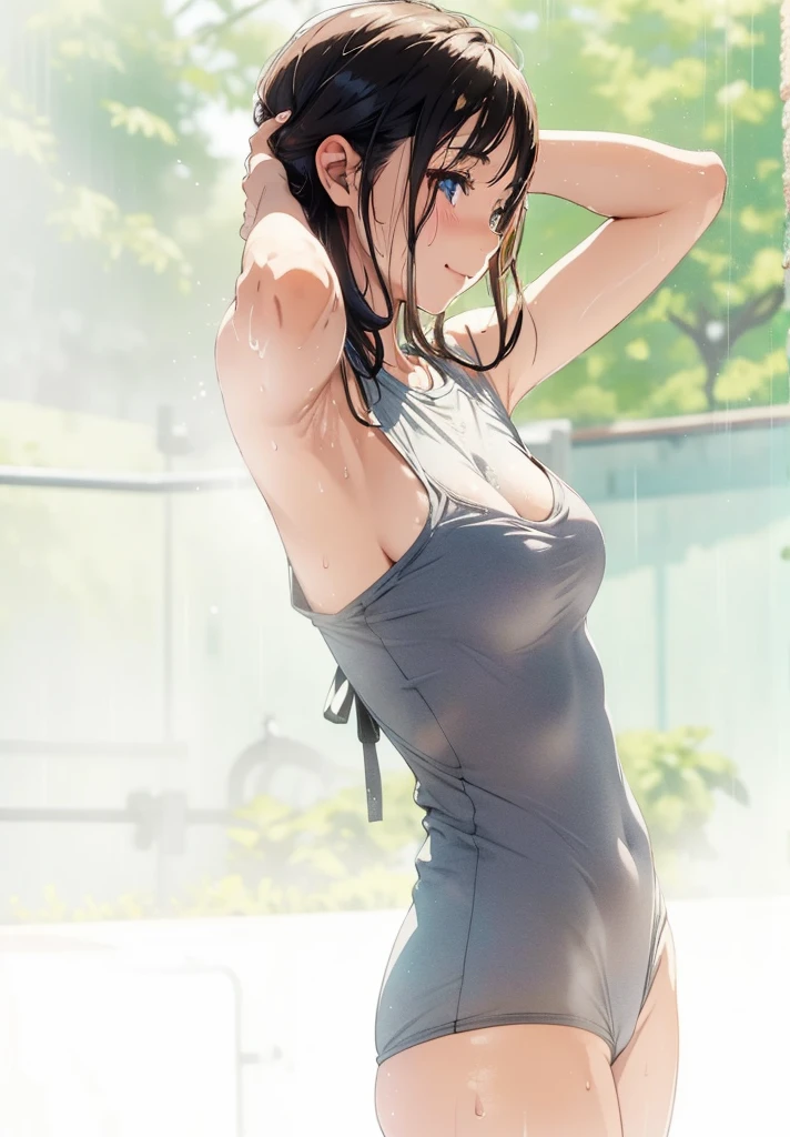 girl, sweat, steam, medium breast, shy, detailed hand, looking at viewer, light smile,