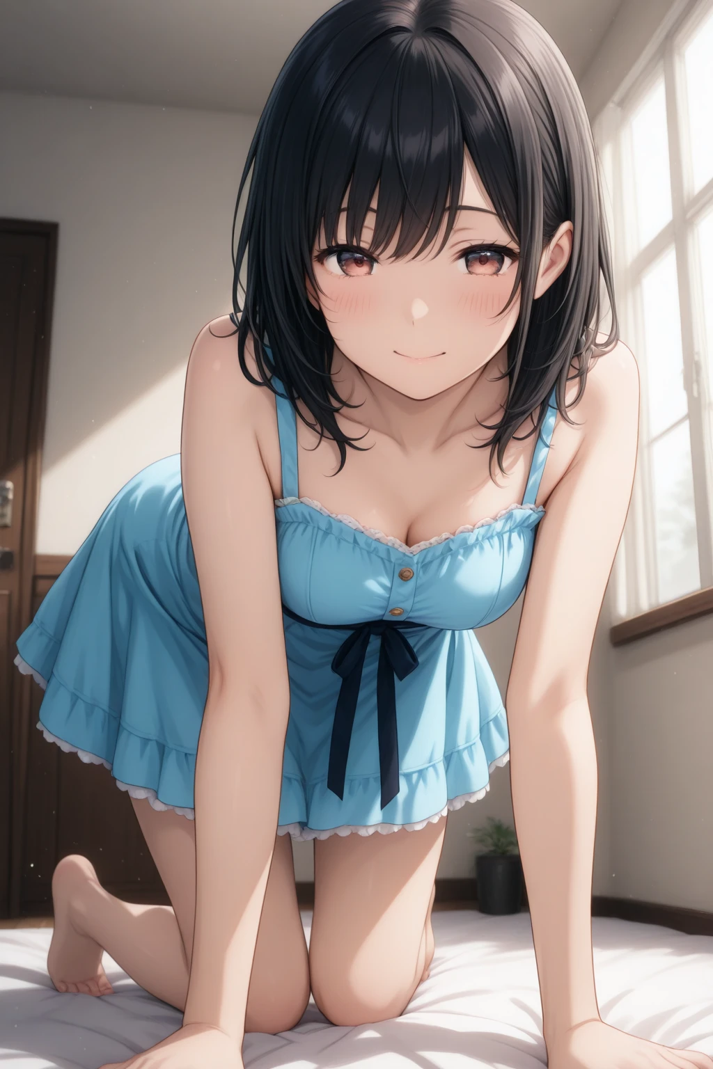 (masterpiece:2.0), (highest quality:2.0), (lean forward naked in the room:1.5), (Very short coarse mesh knit camisole dress:1.5), (super sexy pose:1.5), (look up from below:1.5), (perfectly exposed shoulders:1.5), (perfectly exposed nape:1.5), (blushing face:1.5), (cover your crotch with your hands:1.5), (cover your chest with your hands:1.5), (spilling breasts:1.5), (realistic:1.5), 1 little girl, very cute girl, precision small hands, You look embarrassed when you look at me, light smile, innocent face, young face, clear eyes, shining eyes, small breasts, I can see the side boob, I can see your shoulders, I can see the cleavage, no pubic hair, dynamic posing, beautiful skin, Super fine, highest resolution, Japanese high school student, golden hair