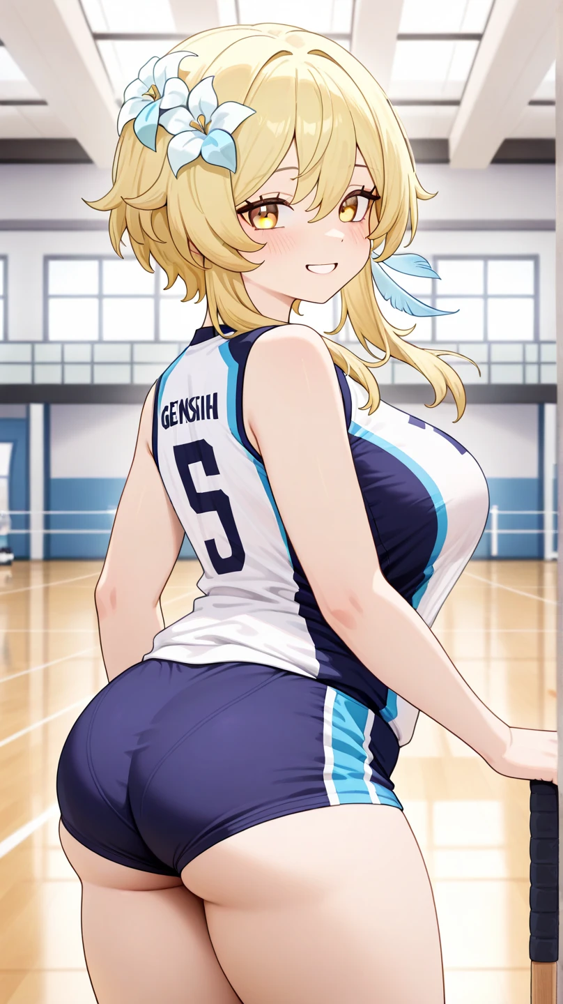 masterpiece, best quality, (super tall stature), (gigantic breasts), brown short hair, blue eyes, (bare stomach), super highleg, white vollyball uniform, volleyball, indoor stadium, sportswear, realistic, tall, elbow pads, knee pads, see-through leotard <lora:volleyballUniform_v10:0.8> <lora:microwaistV05:0.8>  <lora:ZTaiga_Artstyle_V229_Ep2_Dim8:1> Z.Taiga  <lora:SuperHighleg_V11_Ep3Dim32:1>