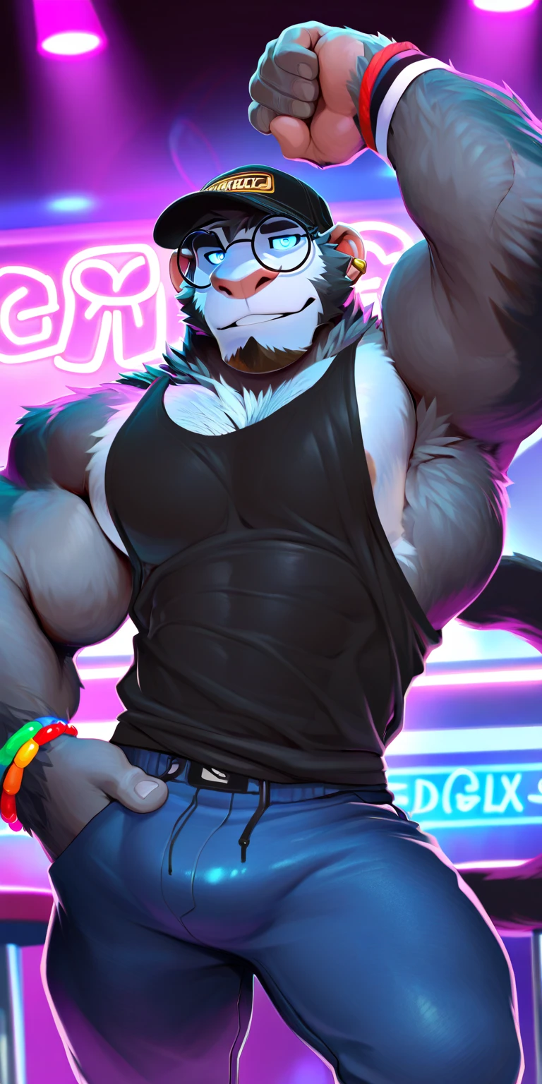 hi res,(protogen), anthro, 4 fingers, bright cyan eyes, male, hyper muscles, hyper muscular male, erect dick in boxers, almost naked (only transparent color underwear), abnormal hyper size detailed dick, transparent underwear, transparent underwear color, visible gigantic size penis, long tail, fluffy tail, black body - white chest, inside, solo, dark room, detailed background, by milkytiger1145, by takemoto arashi, by null-ghost, cold atmosphere, crazed expression