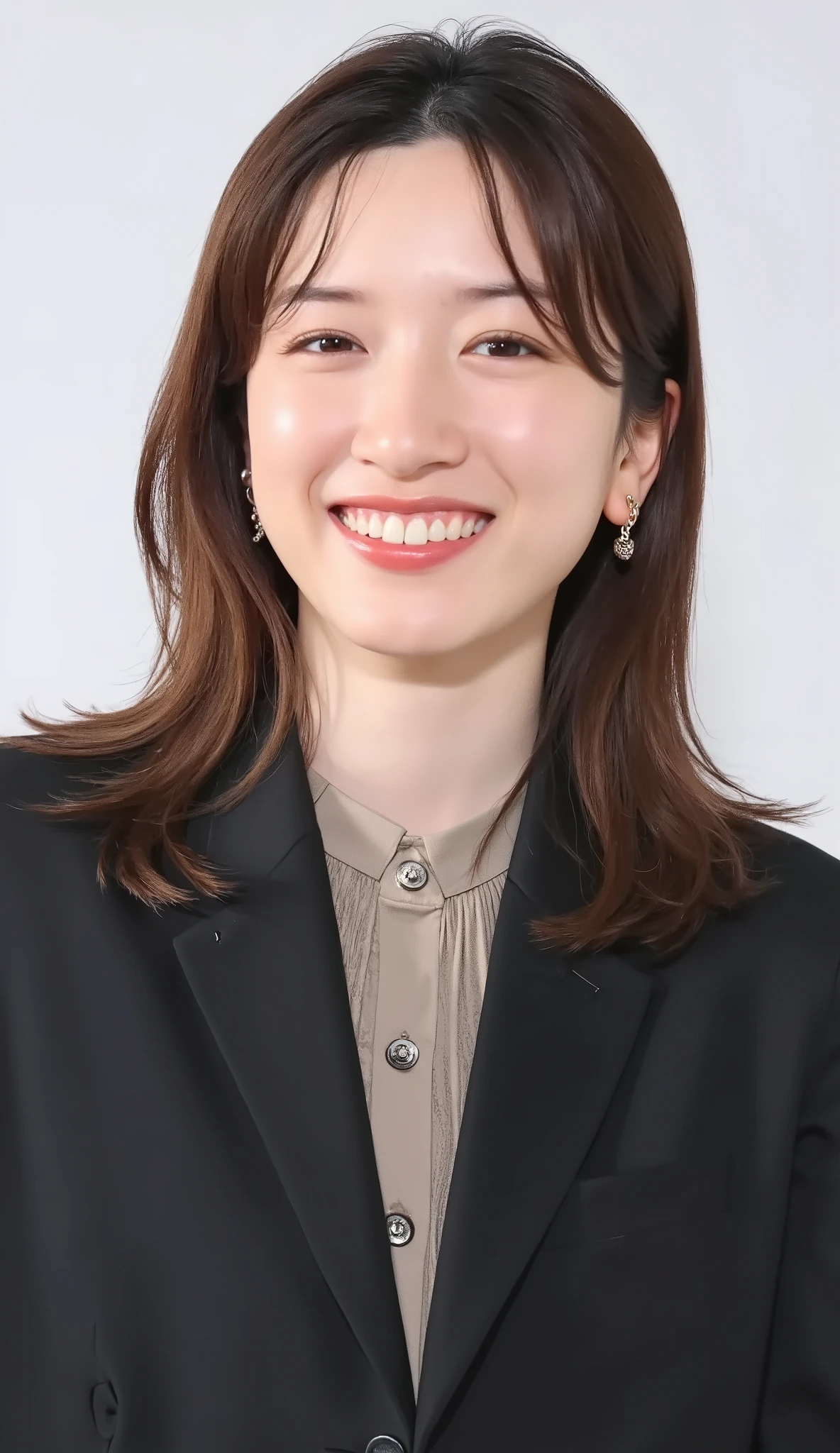Neat Young Woman、and look at the camera、office lady suit、jacket、shirt、necklace、ear piercing、薄い茶髪、、、smile showing teeth、、background is office
