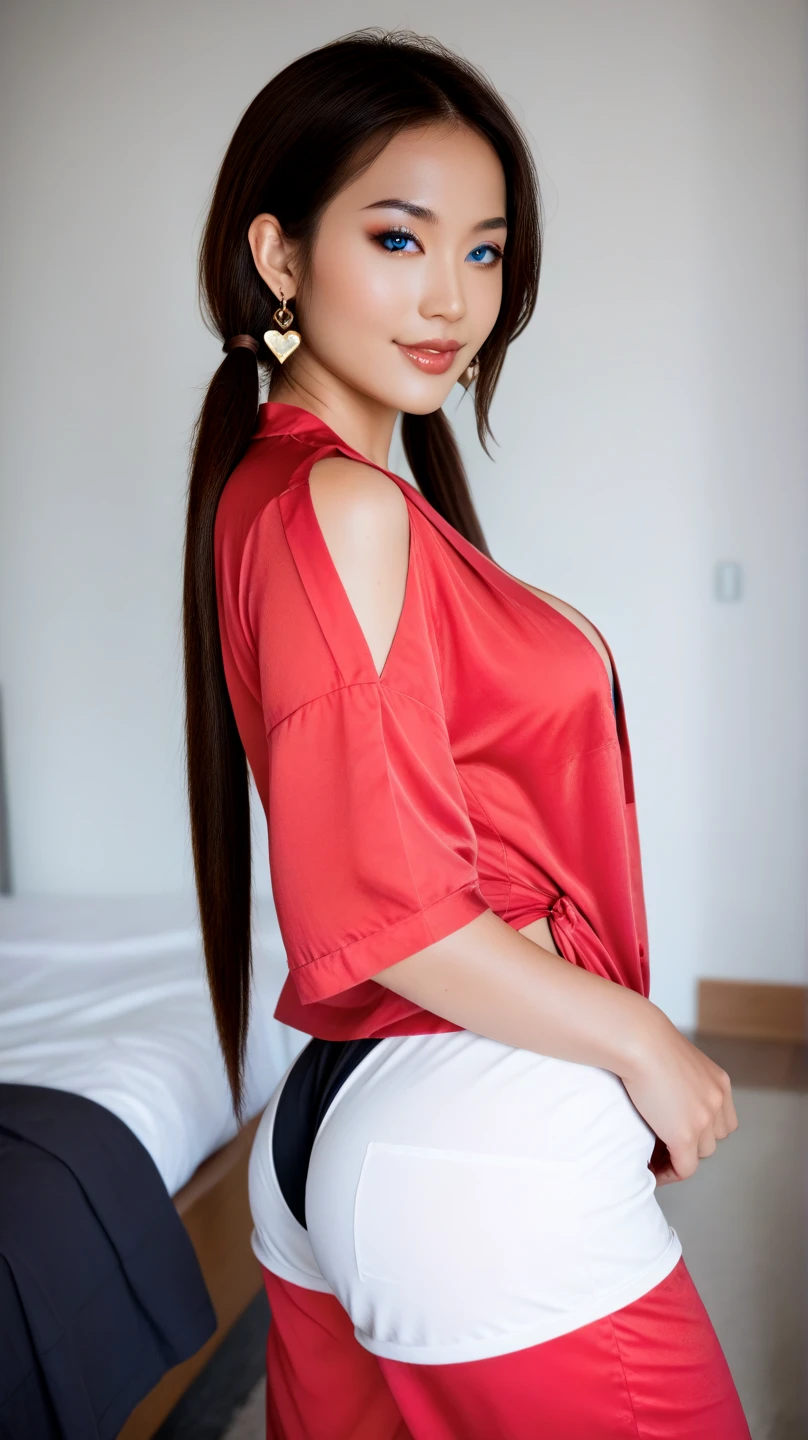 close-up of beautiful Indonesian, Maria Vania is a Indonesian presenter and model, youthful face, white skin body, perfect body, very long hair, black hair, straight hair, bust size 36 inches, wearing a tight light red strapless tube top, wearing a tight light white short legging pants, Vania holding breasts with her own two hands is very sexy, sexy looking pose, pose a naughty look, at a boyfriend bedroom, UHD