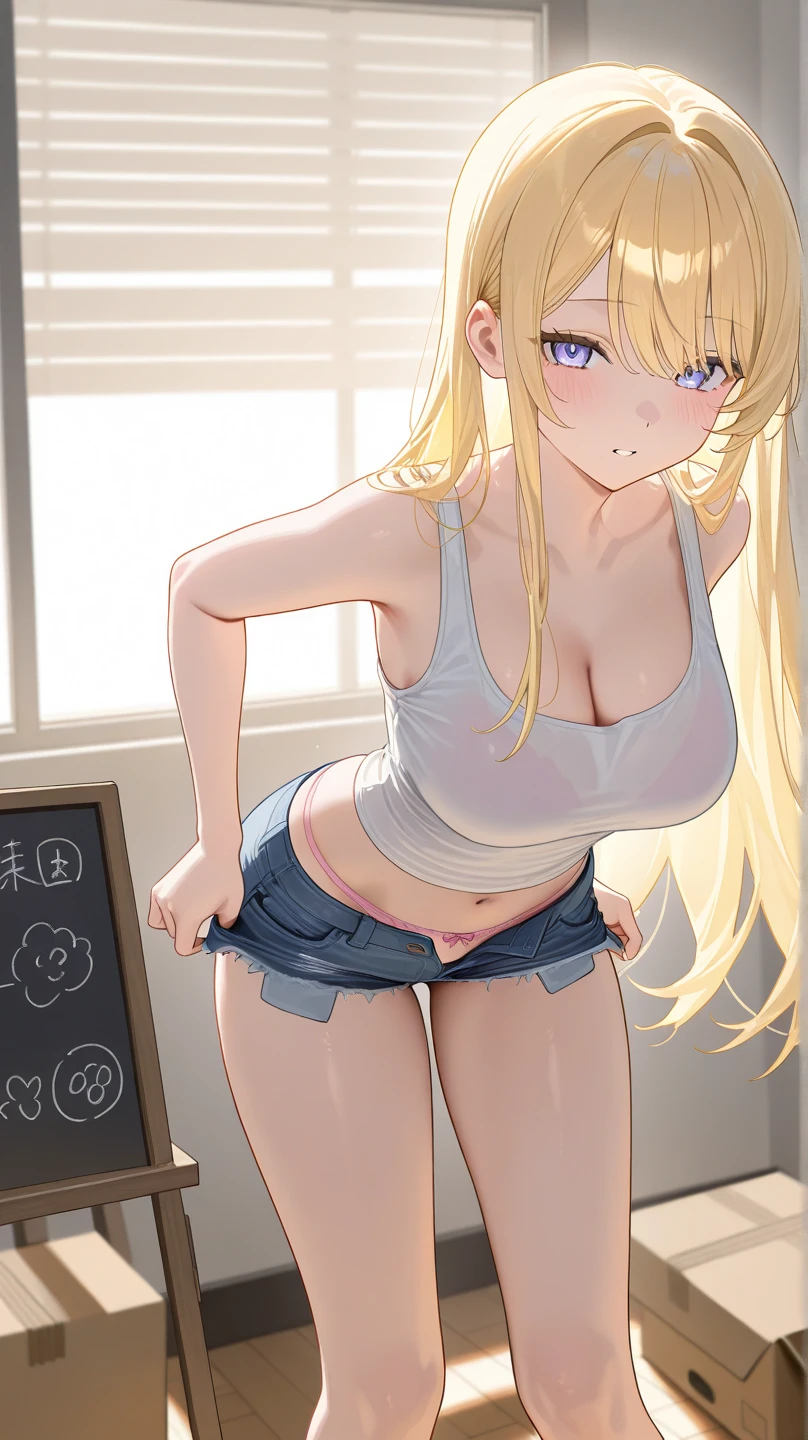 masterpiece, best quality, highly detailed, ultra high res, ayase arisa, 1girl, solo, hair ornament, long blonde hair, glossy lips, medium breasts, aqua eyes, school, locker room, looking back at viewer, shocked, surprised, lace bra, pleated miniskirt, through door