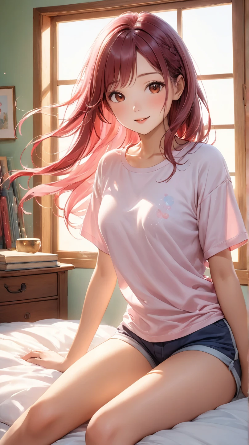 (highest resolution, distinct_image) The best quality, a woman, masterpiece, highly detailed, semi realistic, 21 years old, cute, young, beautiful, naked oversized t-shirt, shirt tug, collar on neck, indoors, modern bedroom, window, waking up, morning, blushing
