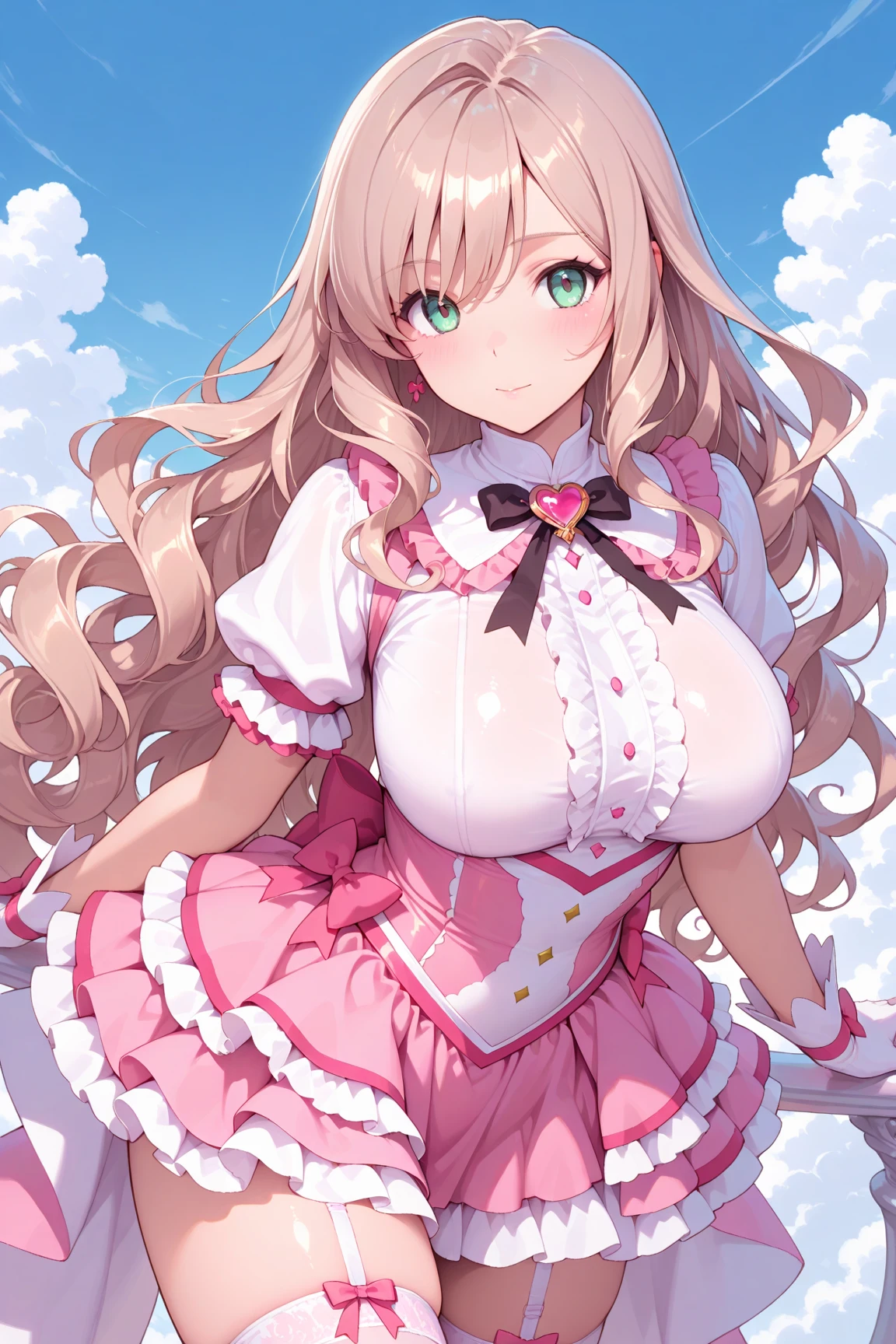 Arrange pose,Top quality work,Show Legs,((wavy Creamy Golden Blonde hair)),(Creamy Blonde hair),(two ponytail),(wavy hair),(golden eyes), Rose cheeks, Pretty Face, A perfectly proportioned face, wearing pink corset and pink plaid skirt, white stockings,full-body view, amazing, Large round chest、Beautiful eye details、Beautiful eyelashes、beautiful double eyelid, with blush cheeks,