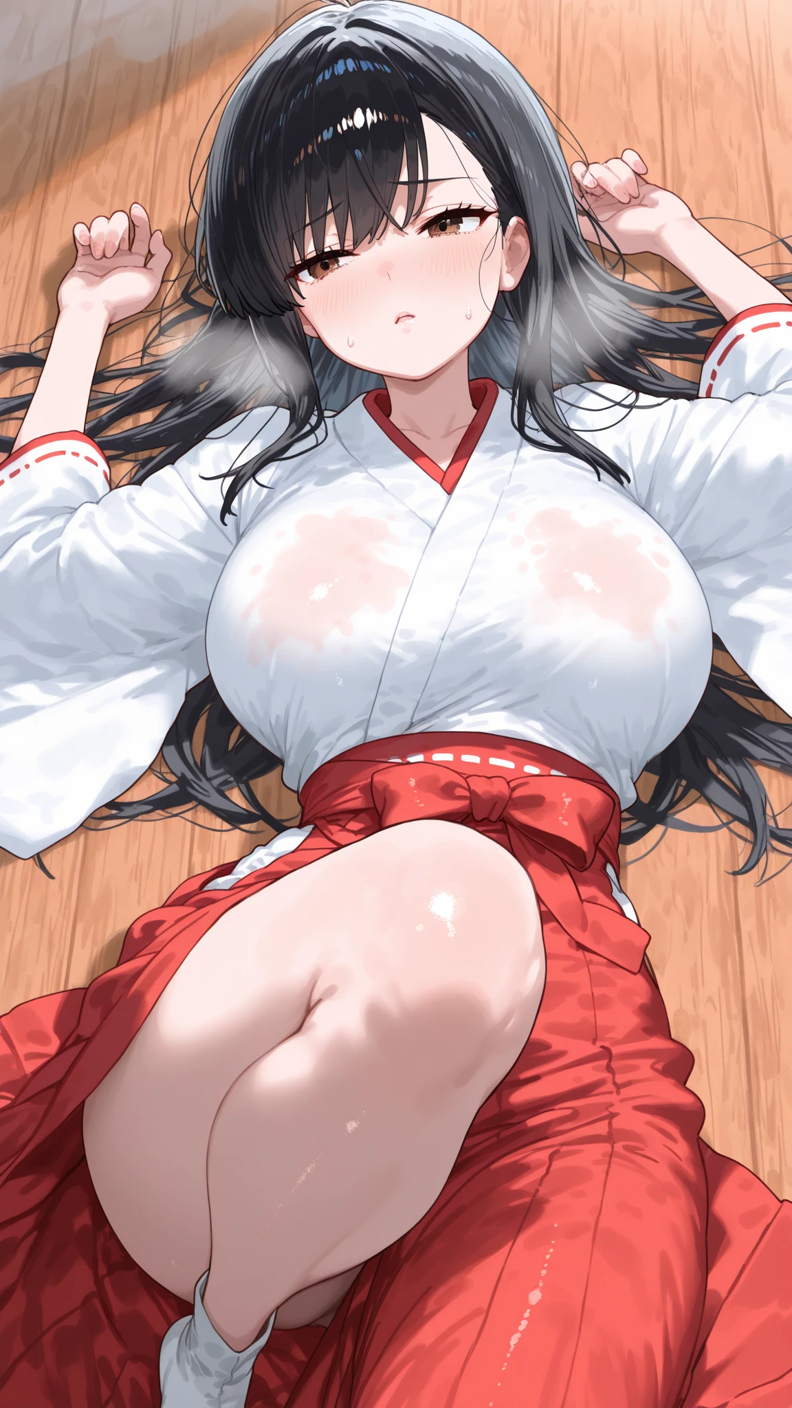 Close-up of a woman with black straight hime cut hair wearing a red and orange dress, Red kimono with flower patterns, From the Sengoku period, Long and beautiful kimono, Flowing hair and long, super shiny robes, Red kimono, Japanese Kimono, Wearing Imperial Kimono, Wearing kimono and armor, In kimono, Safety, kimono, Hakama kimono, Inspired by Fujiwara Takanobu, pale and colouRed kimono She is laid down on the futon, exposing her nipples, writhing and crying. She has sex with a penis thrust into her She blushes