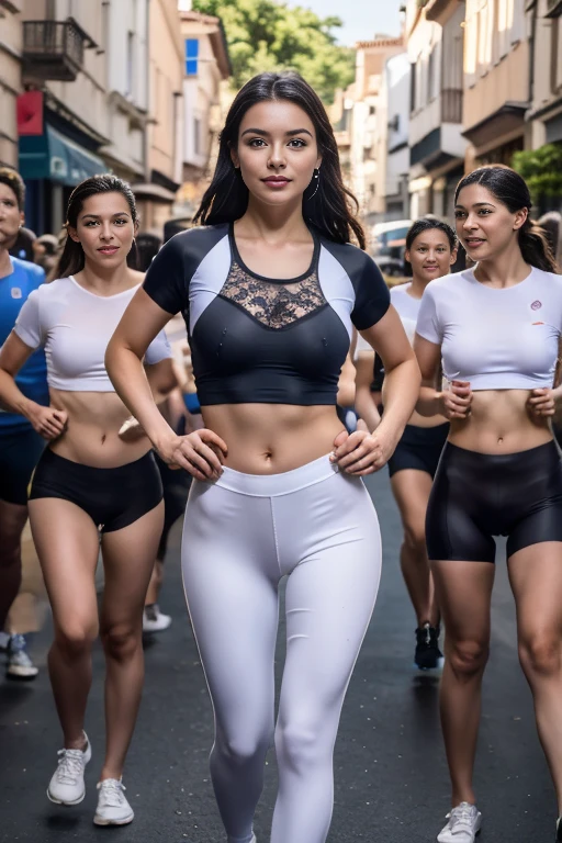 2 British girl wearing black leggings and black bra running in a colour run 