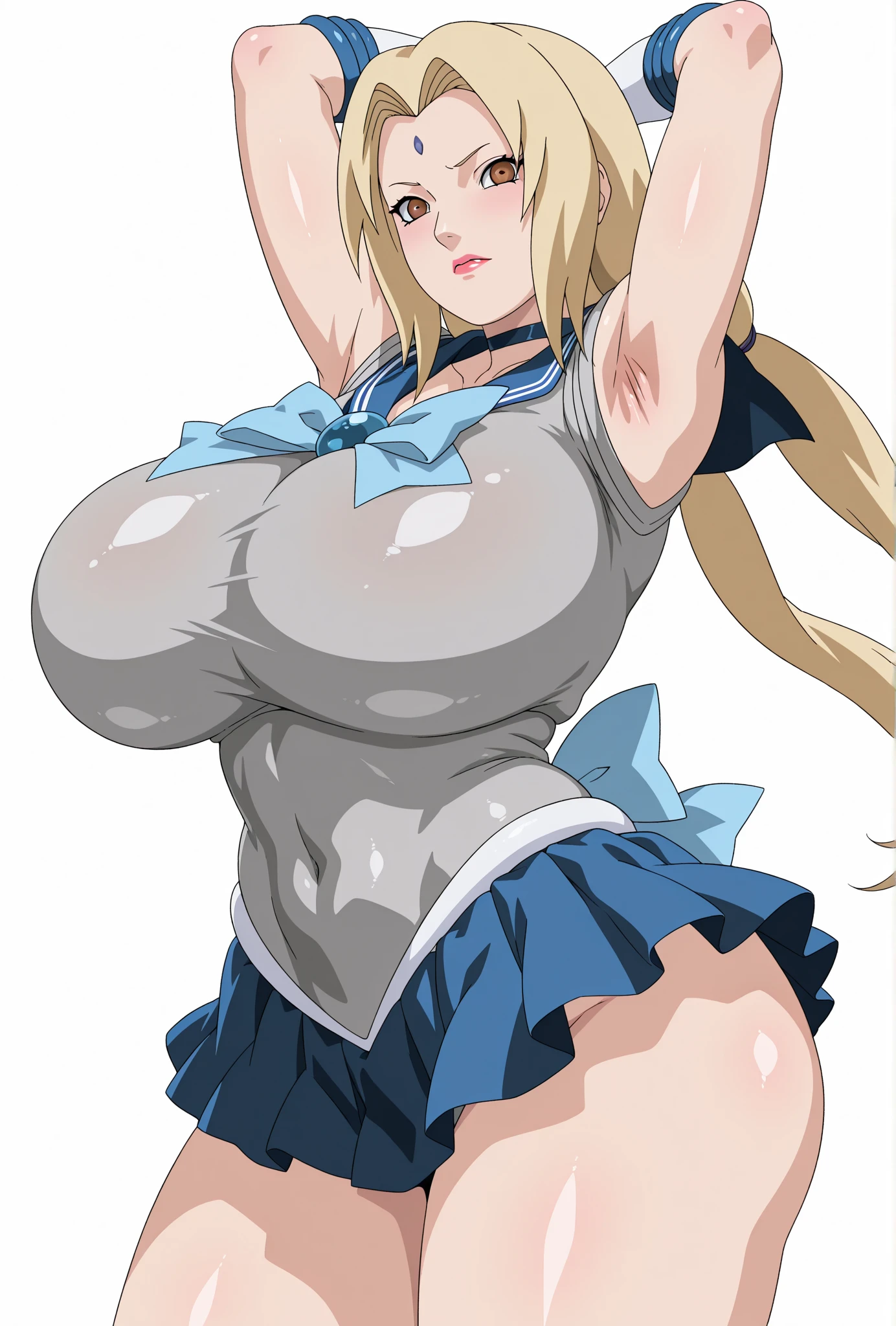 Blonde、Wear a red bandana on your head、blue eyes、Super huge breasts、Upper body nude、Shoulder exposed、masterpiece、High resolution、highest quality、Detailed face、Anime Moe Art Style、abdomen、Belly button、Cowboy Shot、A big smile、Outdoor、healthy、、Puffy nipples、hot pants、Shorts,
