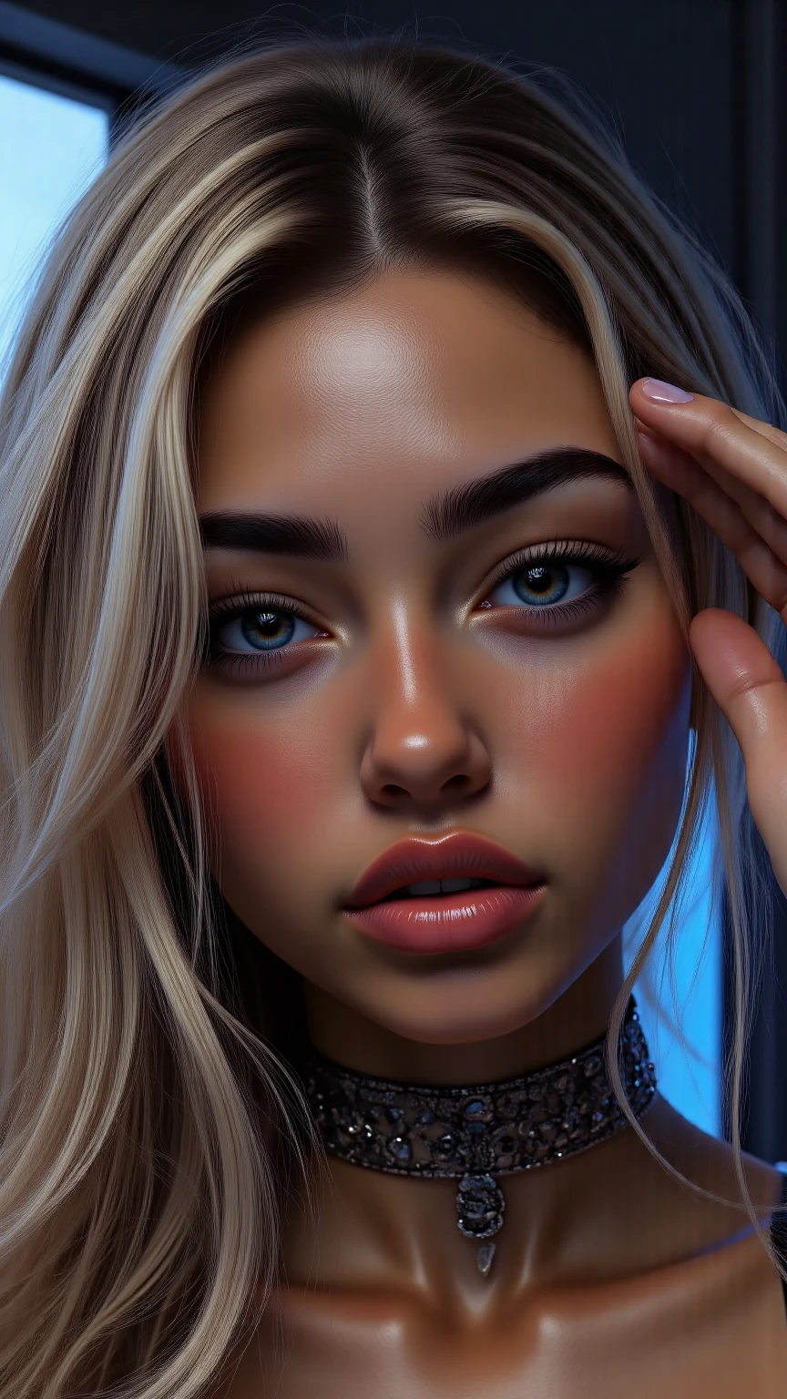 (UHD, retina, masterpiece, accurate, anatomically correct, textured skin, super detail, high details, high quality, best quality, high res, 1080P, HD, 4K, 8k, 16k), (eye candy, beautiful detailed blue eyes, beautiful detailed lips, extremely detailed eyes and face), sexy pouty lips, studio lighting, physically-based rendering, vivid colors, (large sexy breasts), (ckundies, sports bra), cleavage, (medium closeup shot, side swept shiny blonde hair, shiny skin, blush), (bokeh), eye reflection,, dark atmosphere, highly detailed skin texture, extreme details, perfect breast, tanned skin, freckles,, ultra detailed skin texture, soft lights, pale skin,
