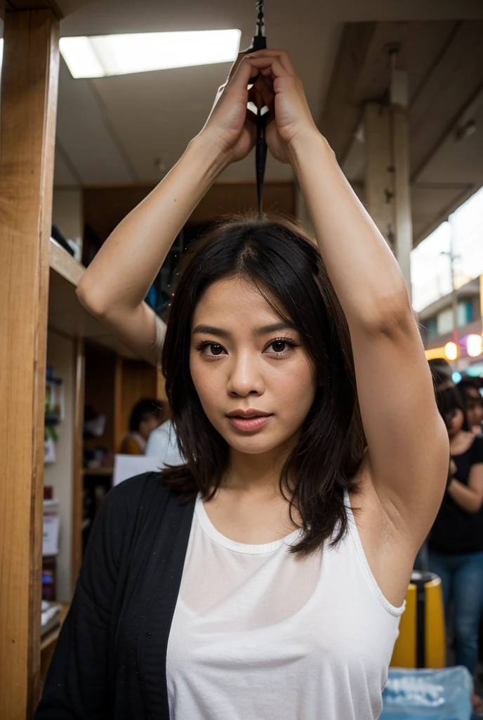 Blasian girl with long hair and bangs, bust hair