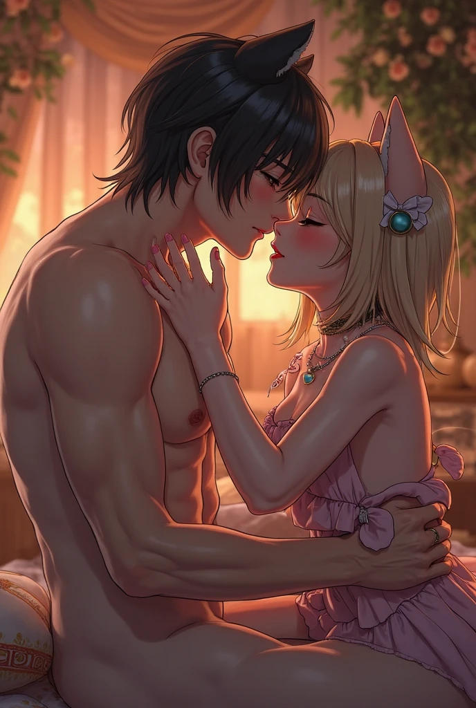 (Style-Princess) (1 man, 1 catgirl) (hetero, couple) (crossdressing, fully clothed) (brown hair, blue eyes) (portrait) (women's clothes only) (women's beautifully feminine skintight velvet floral print frilly girly pink adorable ballet leotards) (white opaque tights, no shoes) (tiaras, pink shoulder-length silk gloves:1.3) (woman's bedroom, four-poster bed) (lying down, hugging, bending knee) (intimacy, playfulness, closeness)