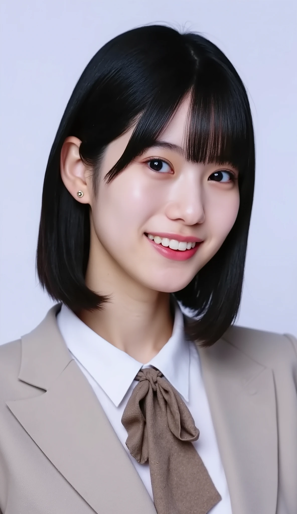 Neat Young Woman、and look at the camera、office lady suit、jacket、shirt、necklace、ear piercing、薄い茶髪、smile showing teeth、背景はオフィス