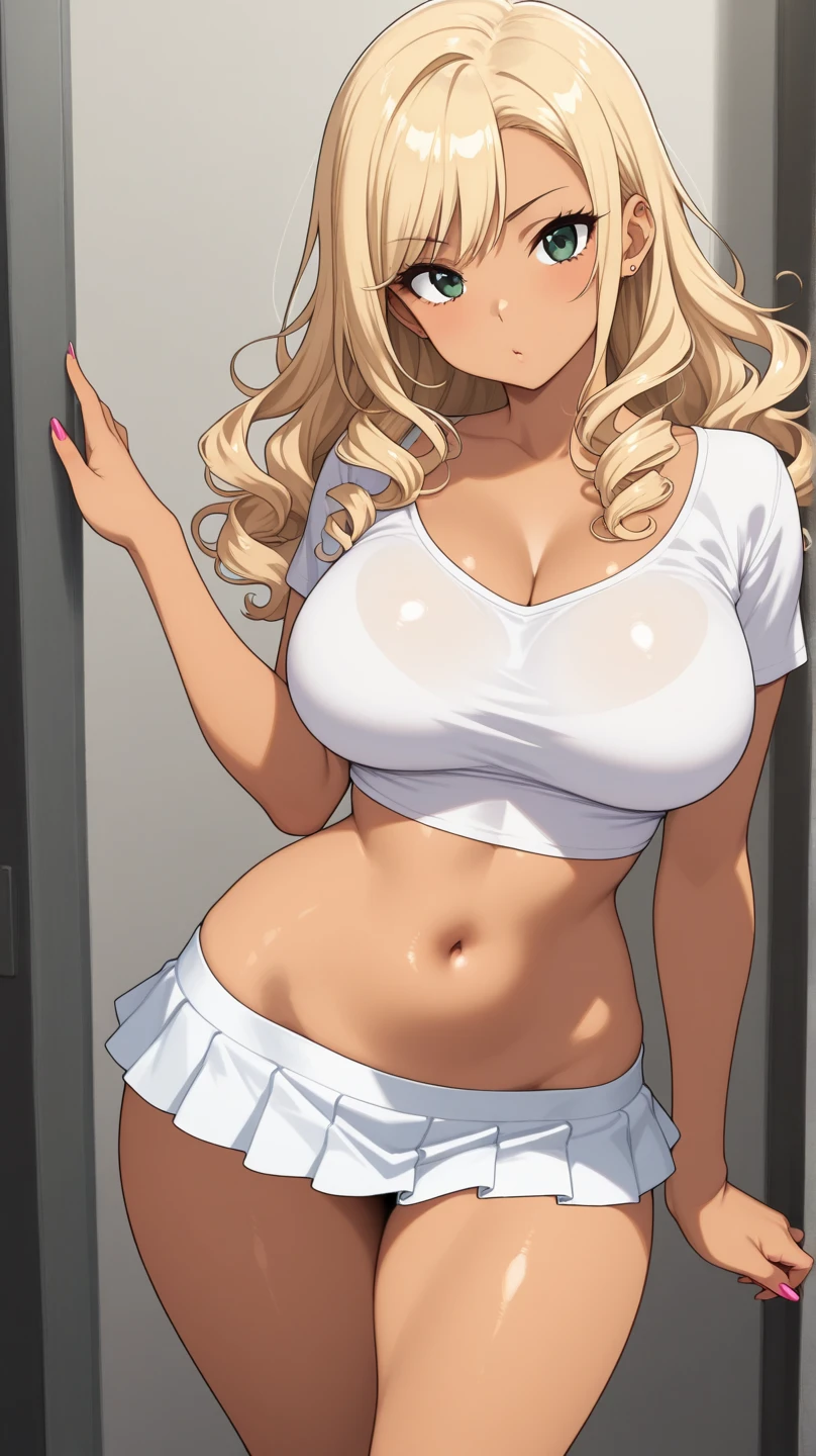 masterpiece, high quality, defined pupil, looking at viewer, rounded pupil, defined iris, (soft iris:1.2), blue eyes, 1girl, blonde hair, white hair scrunchie, long hair, ponytail, blush, closed mouth, smile, collarbone, medium breasts, no bra, white collared shirt, rolled up sleeves, open shirt, undressing, navel, bow panties, pink panties, thigh gap, standing, simple background, white background,