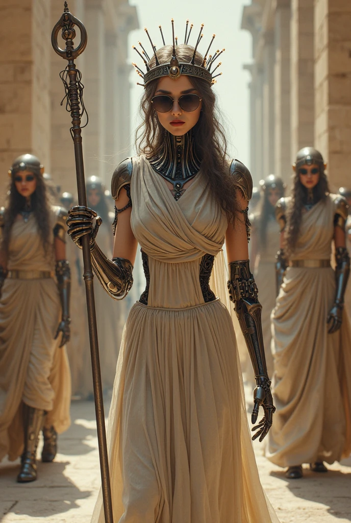 a closeup of a woman in a corset dress with a group of people, the art of edwards poster, gold and copper armor, mechanic, seventy, Face like Ester Exposito, 1 9 7 0 s living woman, keyframe, punk doll, gold band around her breasts, barbarella, METAL, mechanicanical, mechanicanical superstructure  
