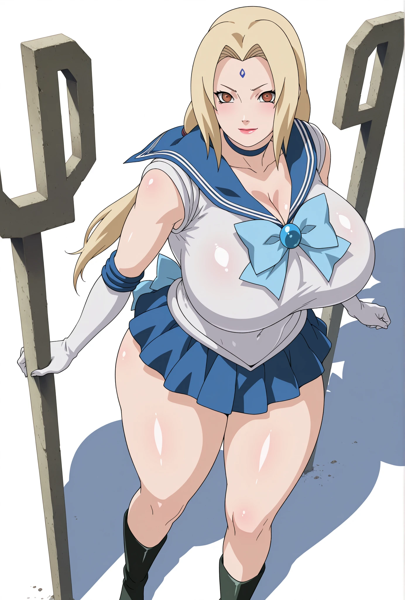 Sailormoon, makeup, Blonde hair, Twintails, mini skirt, beautiful, (masterpiece:1.2), (best quality:1.2), perfect eyes, perfect face, perfect lighting, 1girl, cropped legs, curvy, Sailormoon outfit, Chest bow, Tiara, long gloves, White Thighhighs, choker, hand on hip, huge breasts, smile, solo, thick thighs, Point of view from below, Can be seen under mini skirt, Exposed panties, showing panties and super tight thong