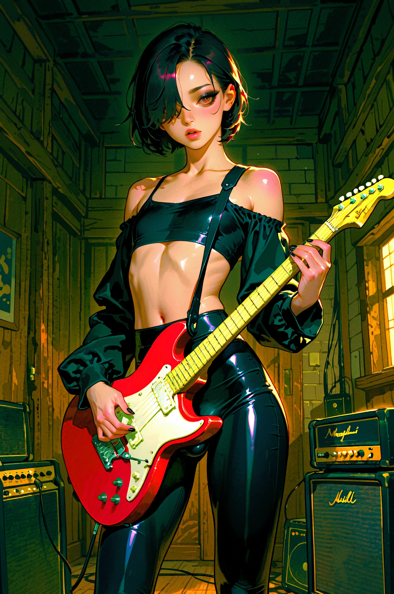 (Browsing Caution)((Hardcore Punk Girl))、((British punk rock girl)), ((Circus)), ((play the guitar)),Manga style, Horror elements, Comic style illustration, (drawing style), Japanese painting, whole body (spooky), Japan sculpture, primitive art, Circus, crazy illustration, Flat Illustration, Blissful smile, spookyな外観, Distinctive messy hairstyle, punk band poster、Very small eyes