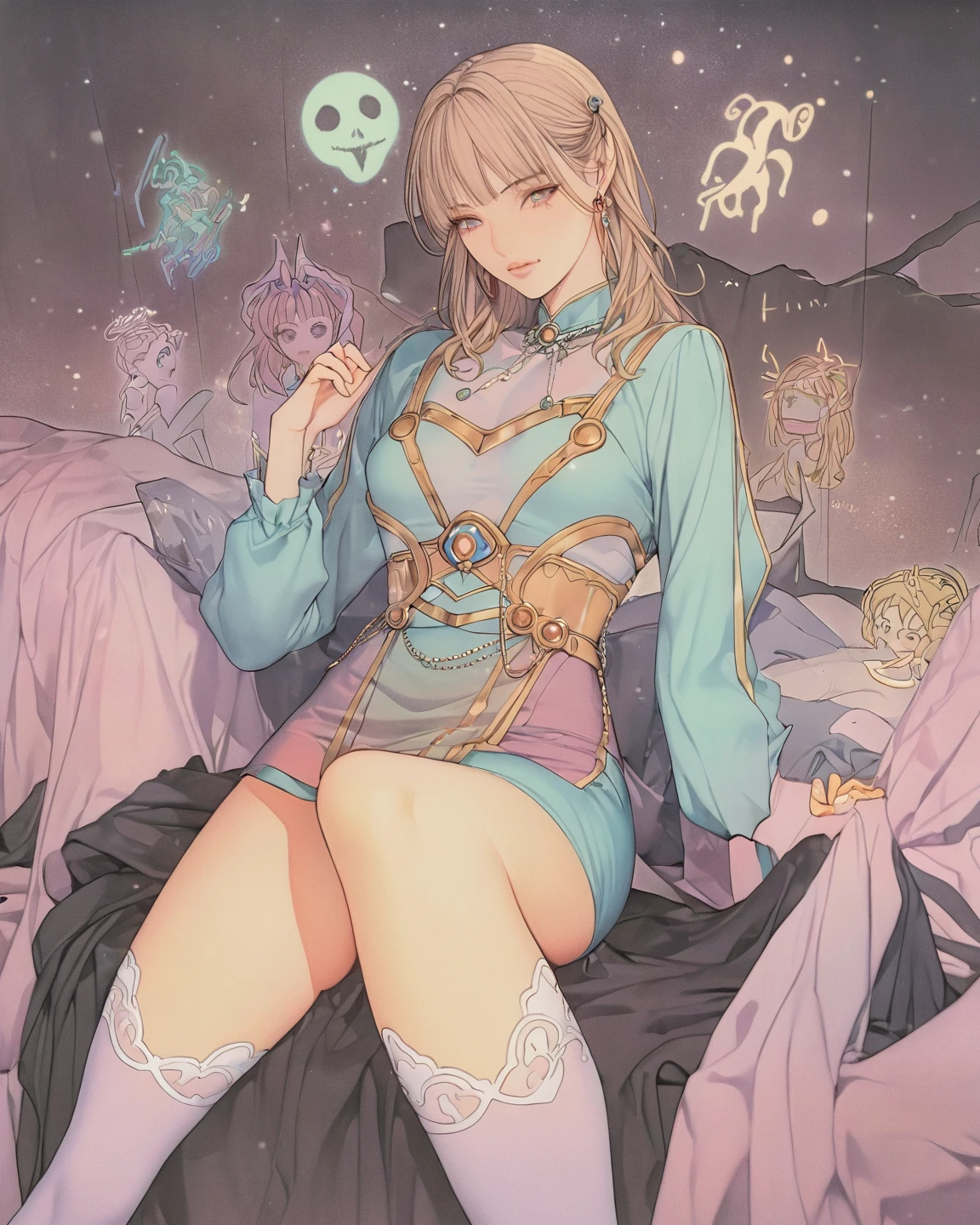 (Masterpiece, best quality), 1 girl, wifu, NSFW, crossed_legs, huge breasts, sicatriz on face, sicatriz on nose, laughs512, dark shadow makeup, dark lips, (white bodycon dress (bluish)), (aroused_face:1.4), medieval room, medieval bed, candles, candle lighting, night, bed, shame, show-off, big chest, panties, light, oversized shirt, (long yellow hair: 1.4), bra,, lying down, legs open, camel finger, in tight panties, elf ears, (((no mistakes))), ((well detailed)), (((extremely well done)))