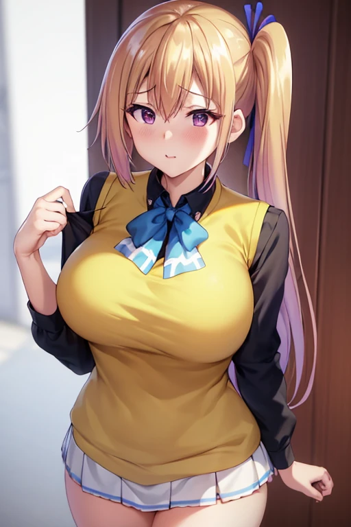 masterpiece, (best quality), 1woman,1girl ,1boy,,kawakami_mai,    blonde hair,  long hair, side ponytail,  purple eyes, sweater vest,  ,   skirt, large breasts,ribbon, hair ribbon, mole under eye,sexy woman, embarrassed,blush,    vibrant colors ,,natural lighting  ,RTX,  , beautiful, (detailed face:1.2), showcase, (perfect eyes:1.1) ,(photorealistic:1.1), 8k uhd,  looking at viewer, outdoors,  simple backround,blush,nipples