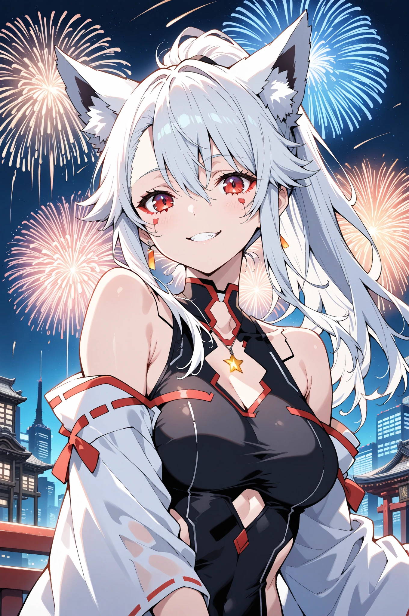 slender, mature female, rating:safe, fireworks, 1girl, animal_ears, long_hair, breasts, thighhighs, solo, smile, looking_at_viewer, very_long_hair, detached_sleeves, green_eyes, wide_sleeves, dress, white_legwear, silver_hair, fox_ears, standing, bare_shoulders, fox_tail, medium_breasts, bangs, eyebrows_visible_through_hair, black_gloves, fox_girl, multicolored_hair, sideboob, hair_between_eyes, tail, ahoge, sky, ribbon, two-tone_hair, outdoors, long_sleeves, white_hair, night, bow, blush, gloves, cleavage, japanese_clothes, black_dress, sidelocks, detached_collar, aerial_fireworks