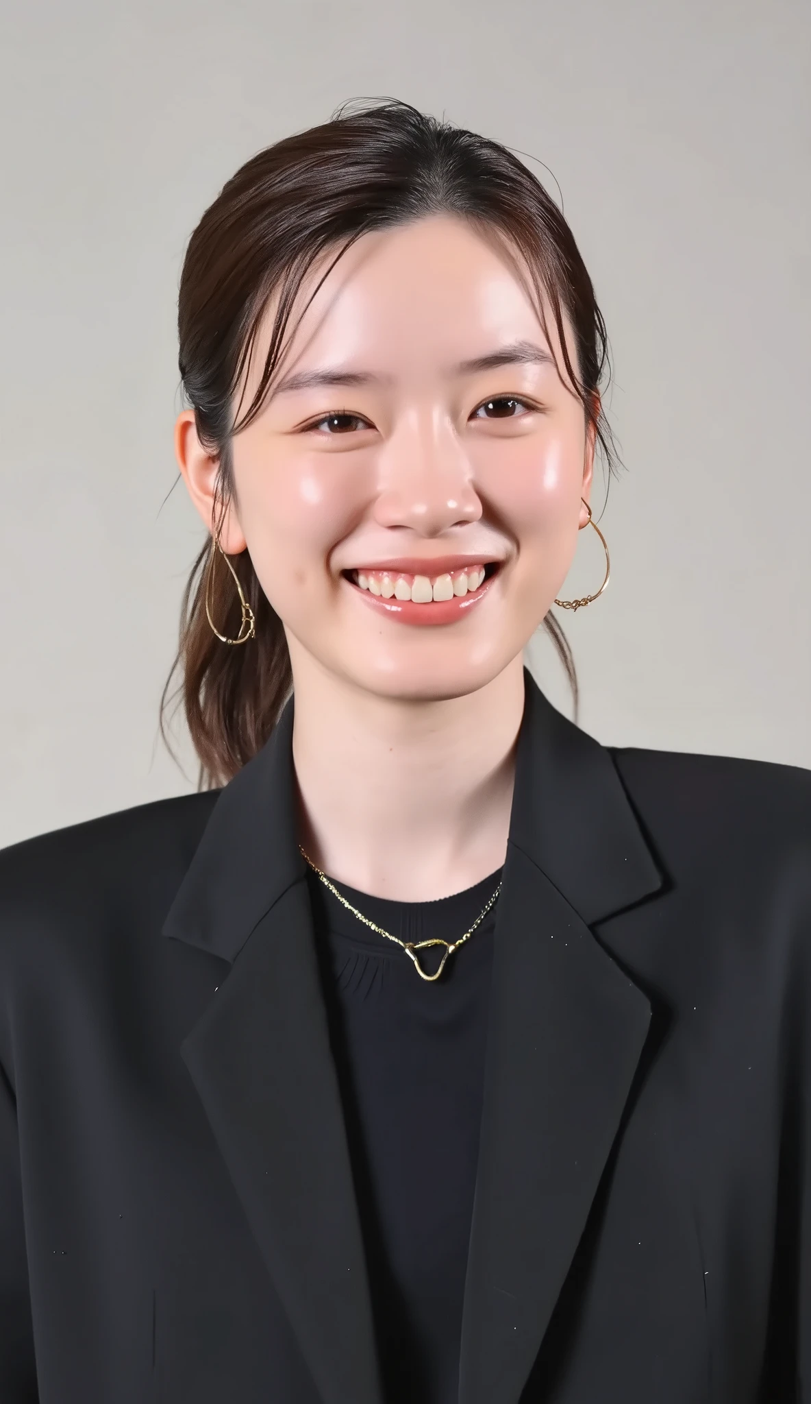 Neat Young Woman、and look at the camera、office lady suit、jacket、shirt、necklace、ear piercing、薄い茶髪、、、smile showing teeth、、background is office