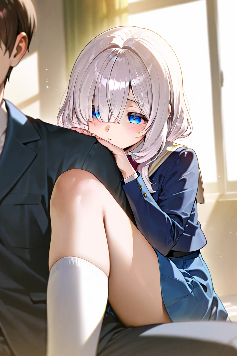 NSFW,(((1girl,1boy,sex,vaginal ))),Detective Siesta, smile,kneeling ,short hair, explosion, Blue eyes, shirt, hair ornaments, Long sleeve, black long dress, bow, Gray Hair, Hair Clip, Blunt bangs, bowtie, red bow, x hair ornaments, Red tie, nap,(((white lace panties))) , (Medium chest:1.2), break looking at viewer, Taking a break outside, 
, break masterpiece ,8k unity wallpaper,anime key visual,highest quality, High resolution, unity 8k wallpaper, (shape:0.8),anime coloring,highly detailed face, detailed eyes,growing eyes,shiny skin,fine skin,white skin,dense skin,detailed hair,highly detailed legs,perfect lighting, Detailed CG, (perfect hands, perfect anatomy),High resolution,(Detailed wear ),slender limbs, delicate curves, dainty hands,figure:0.8,