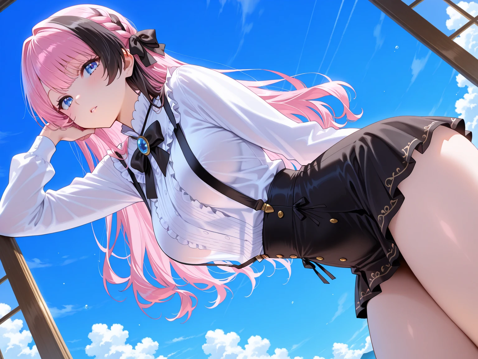 (masterpiece, highest quality, ultra high res, ultra detailed:1.3), 1 (gigant) girl, pink medium hair, small breast, (15m tall:1.7), from below, mini skirt, panties visible, outdoors, miniature city,