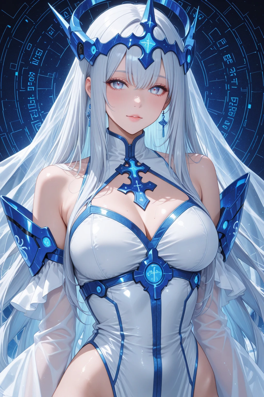 Woman1,30 years old, triangular face, light blue eyes, long white hair, blue lips,shiny ice hair,(Slim body, pale skin), sitting in ice chair, ice palace, white shorts, blue sleeveless wool sweater, high resolution, high detail, very detailed