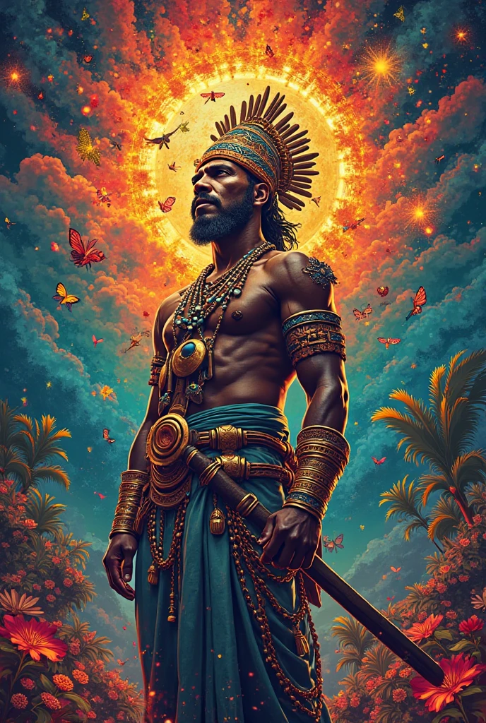 Create an artistic representation of Oxalá, an important deity in Candomblé and Umbanda, Afro-Brazilian religions. Oxalá should be depicted wearing white garments that symbolize purity and peace. He should carry a shield and a sword, symbolizing protection and strength.