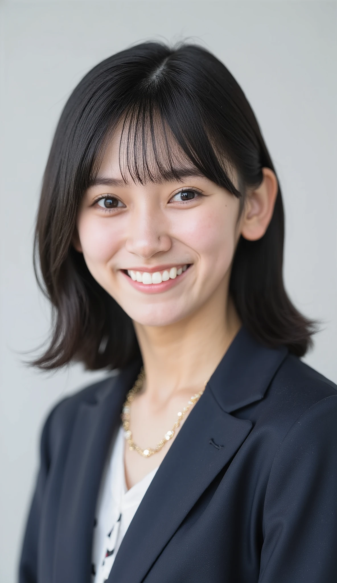 Neat Young Woman、and look at the camera、office lady suit、jacket、shirt、necklace、ear piercing、薄い茶髪、smile showing teeth、背景はオフィス
