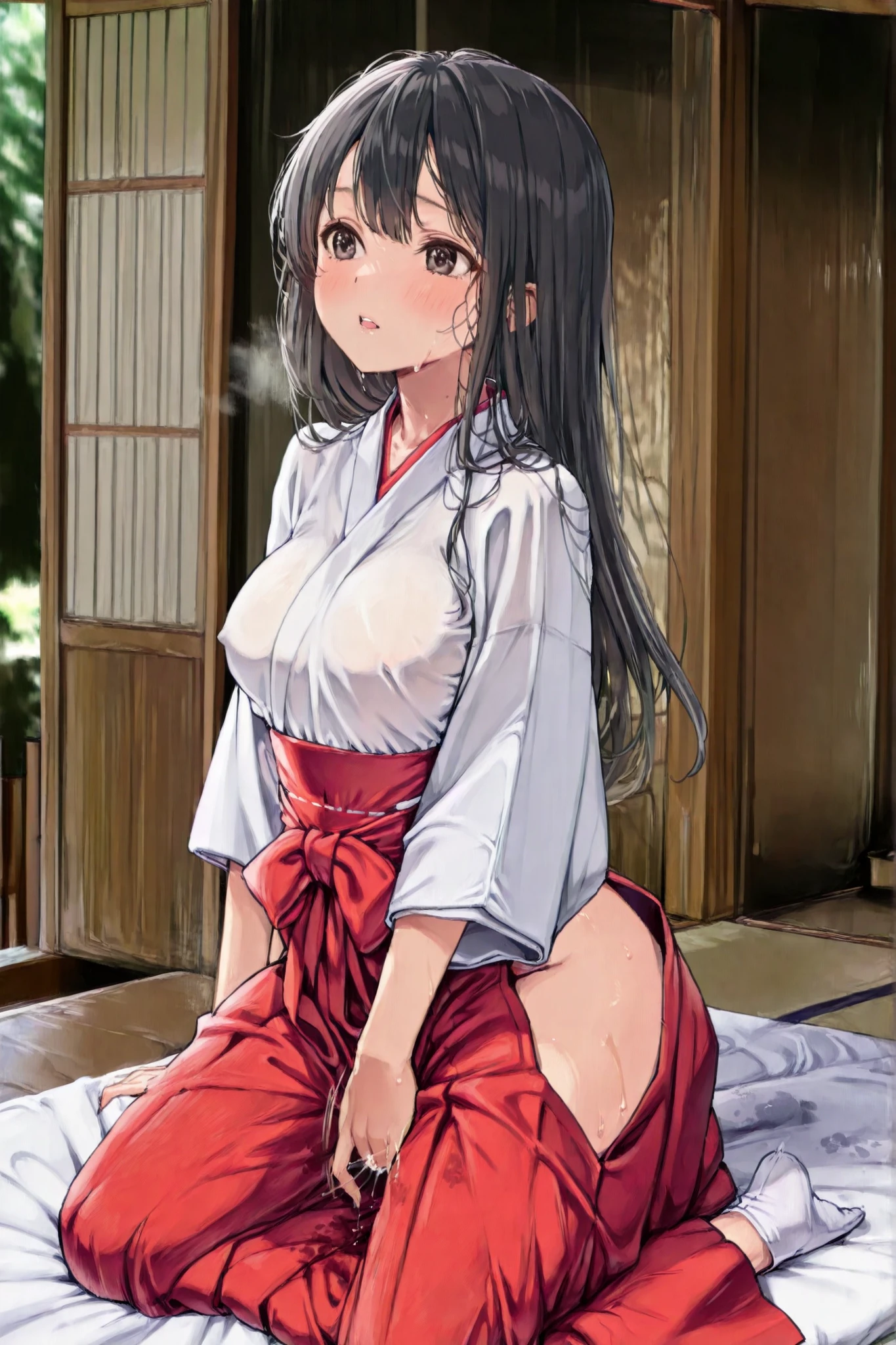 red hakama,miko,jyojifuku,A woman dressed as a shrine maiden long black hair make your whole body visible Roll up the hakama having sex in a cowgirl position Men fingering female genitals Women are feeling sexually